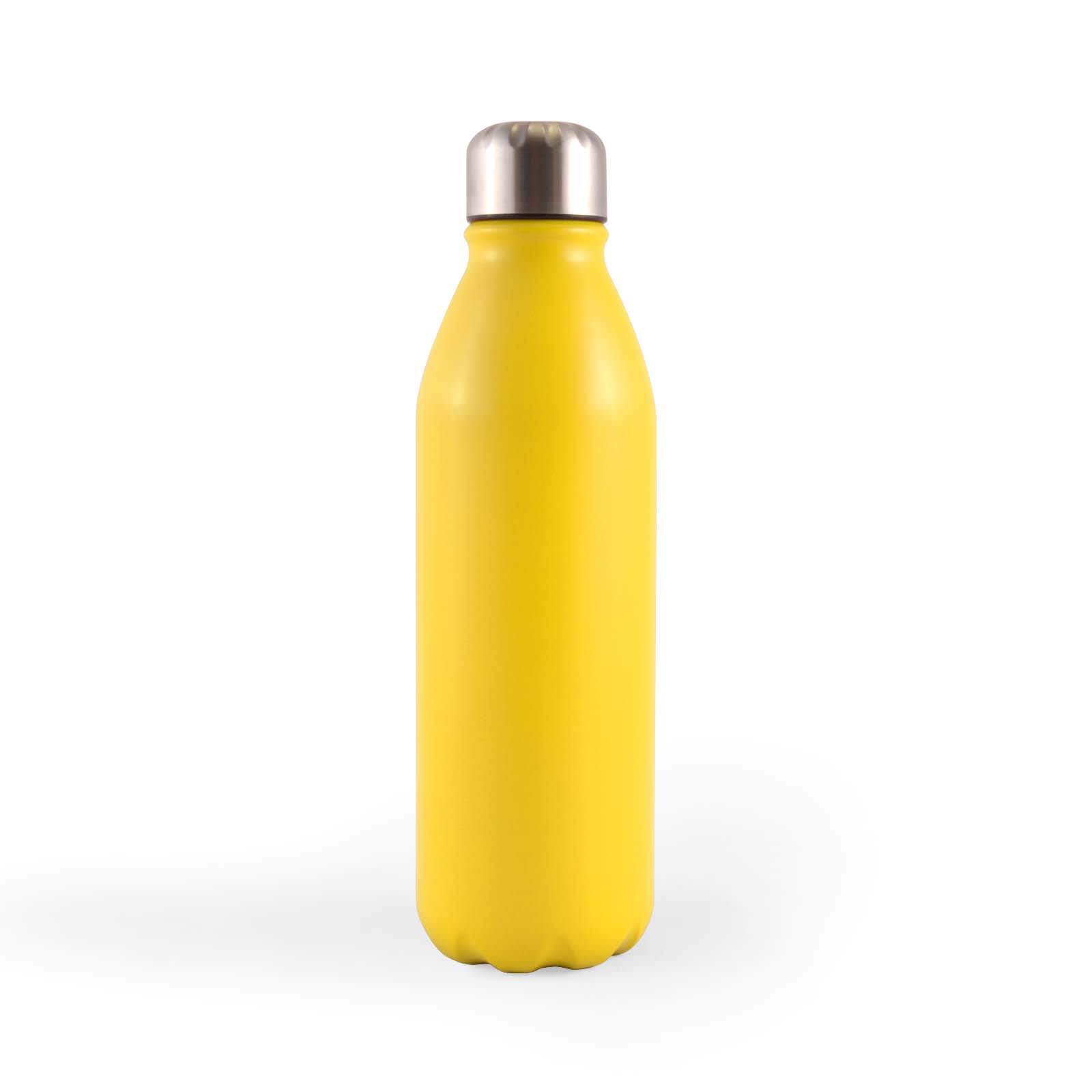 A drink bottle made of aluminum, featuring a vibrant yellow color and a stainless steel cap.