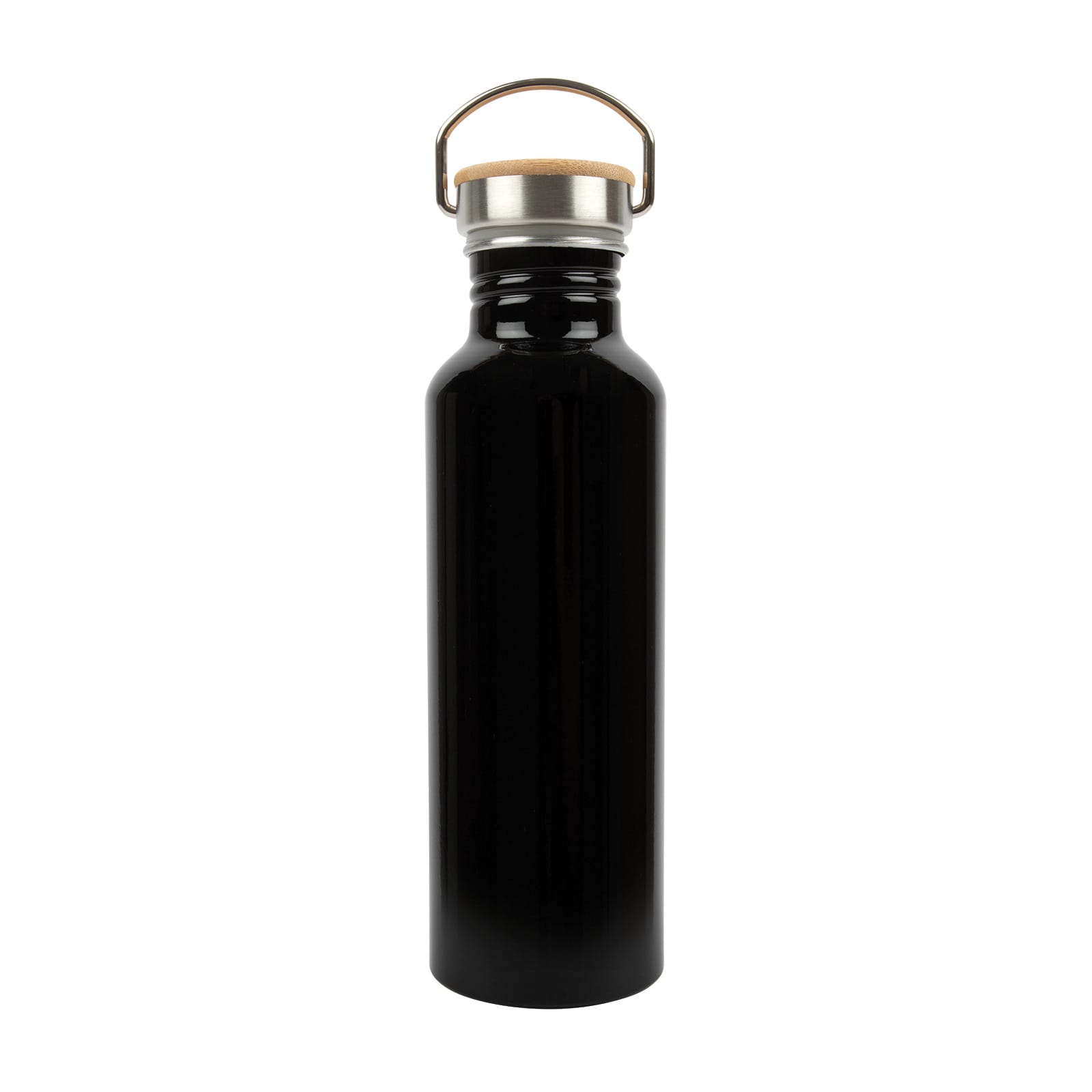 A drink bottle made of recycled aluminum, featuring a black finish and a metal handle with a cork top.