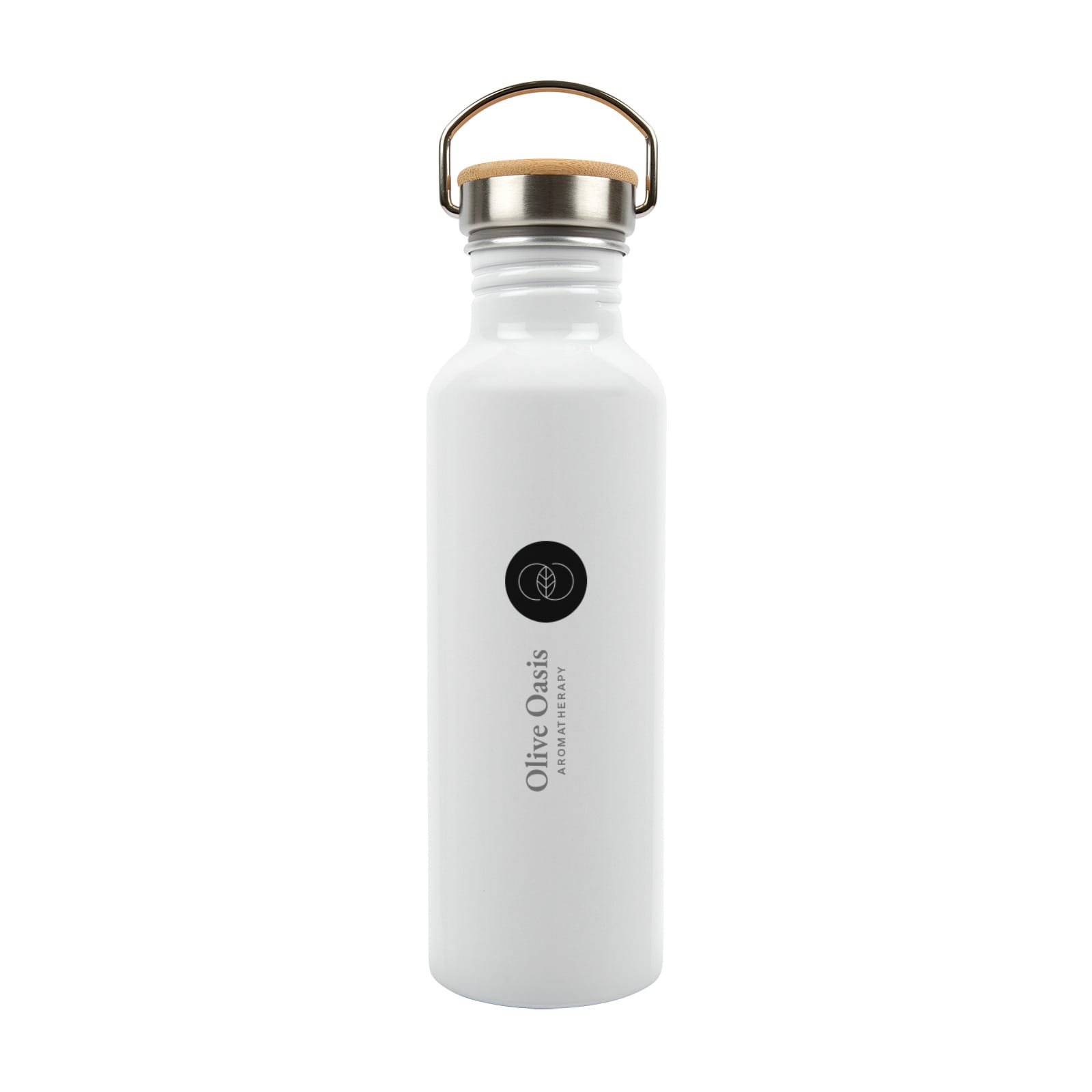 A drink bottle made of recycled aluminum featuring a white finish and a cork top, branded with the logo 