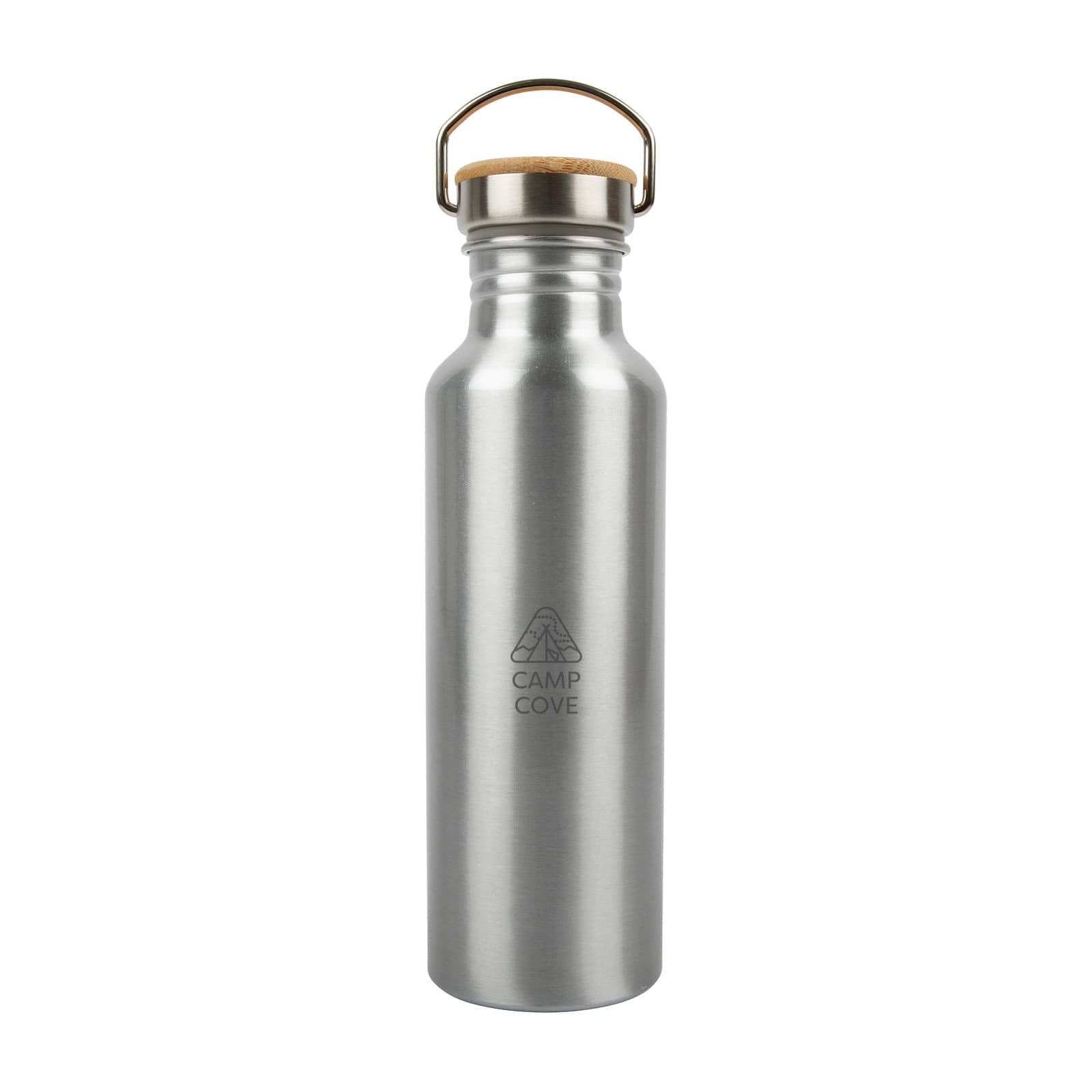 A drink bottle made of recycled aluminum with a cork stopper and a metal handle, featuring the logo 