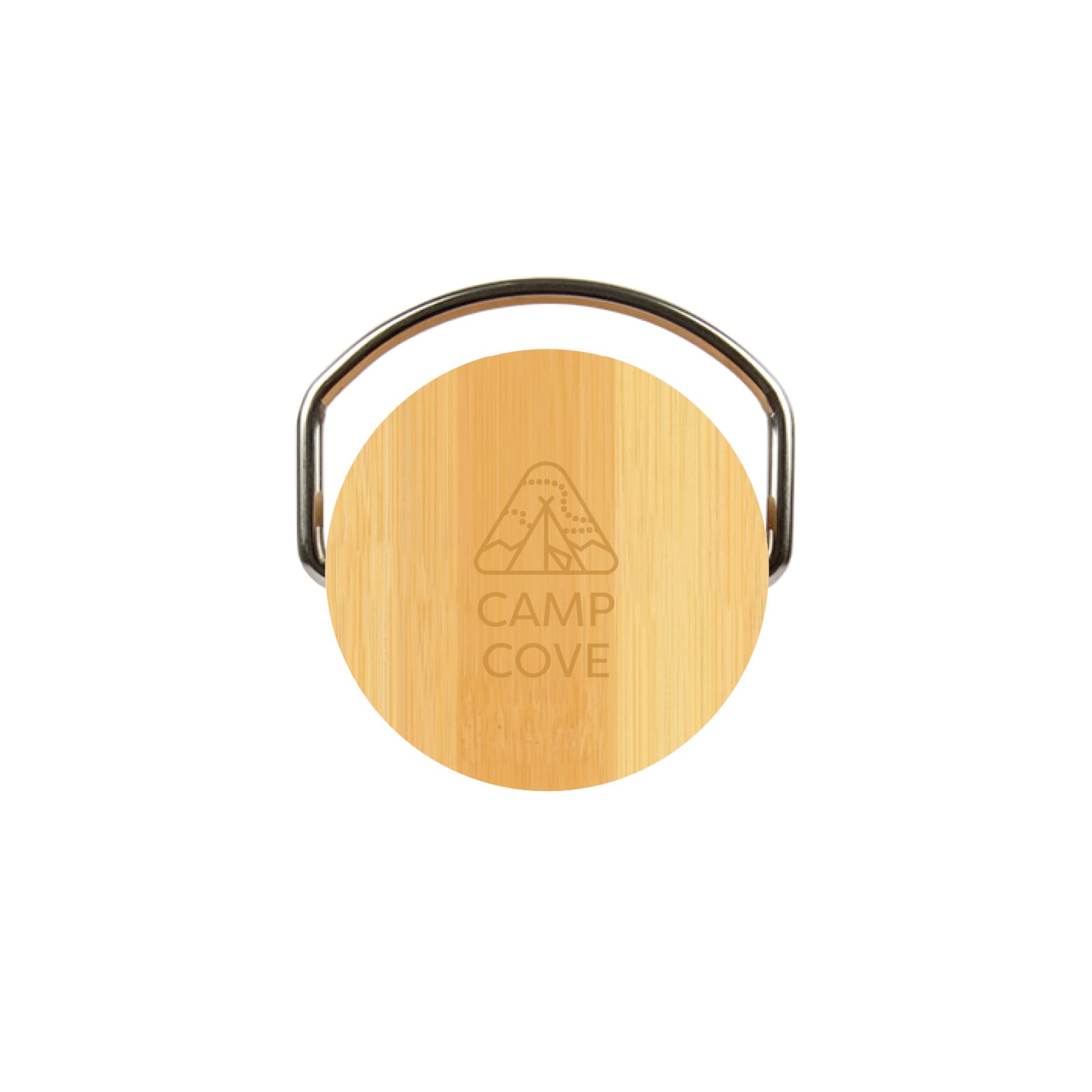 A drink bottle cap made of bamboo with a metal handle, featuring the engraved logo 