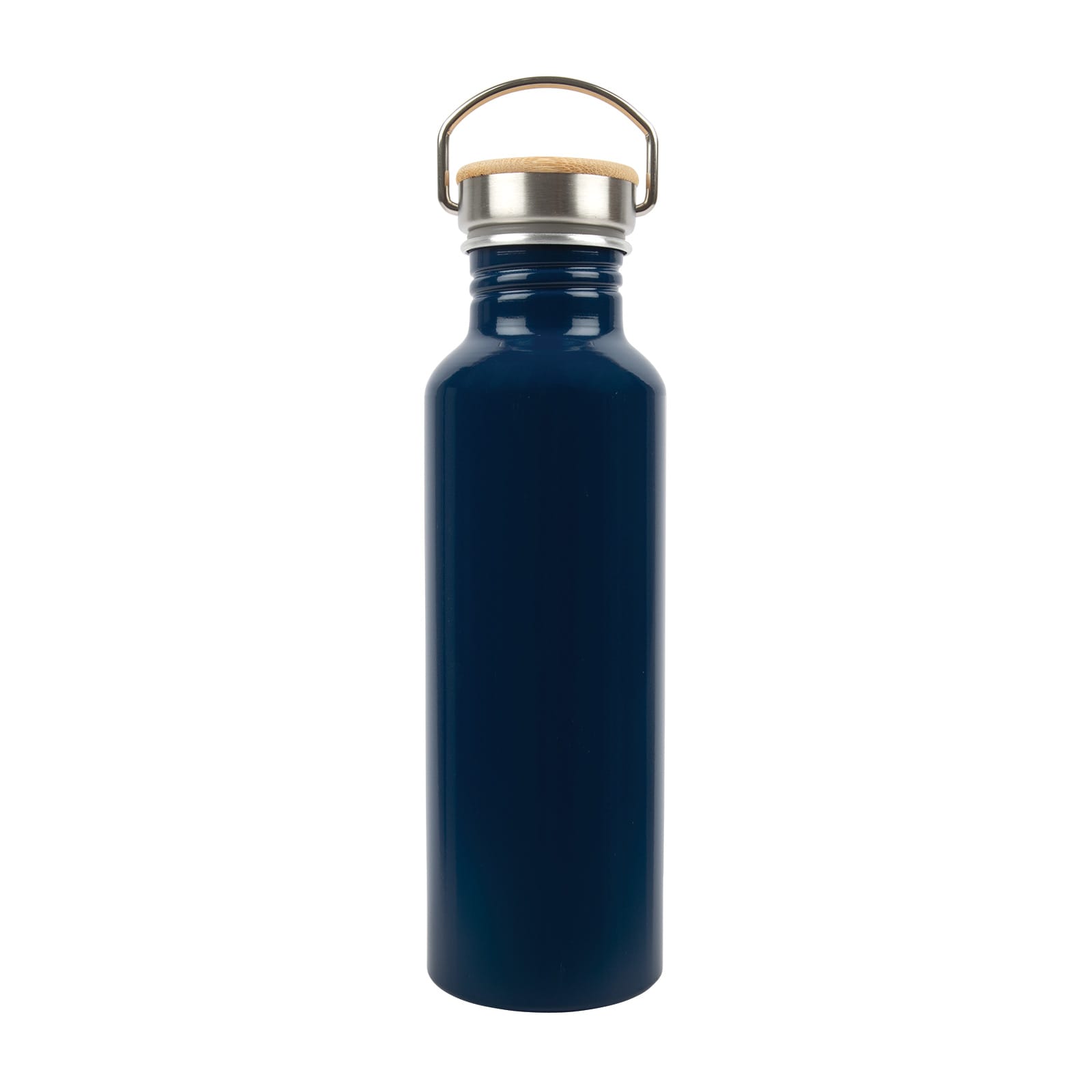 A drink bottle made of recycled aluminum with a navy blue finish and a wooden cork lid.