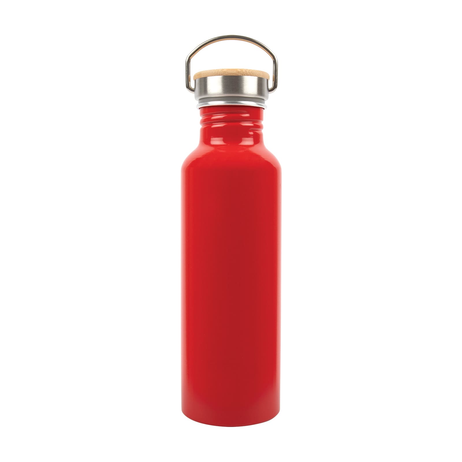 A drink bottle made from recycled aluminum, featuring a vibrant red finish and a cork lid with a metal handle.