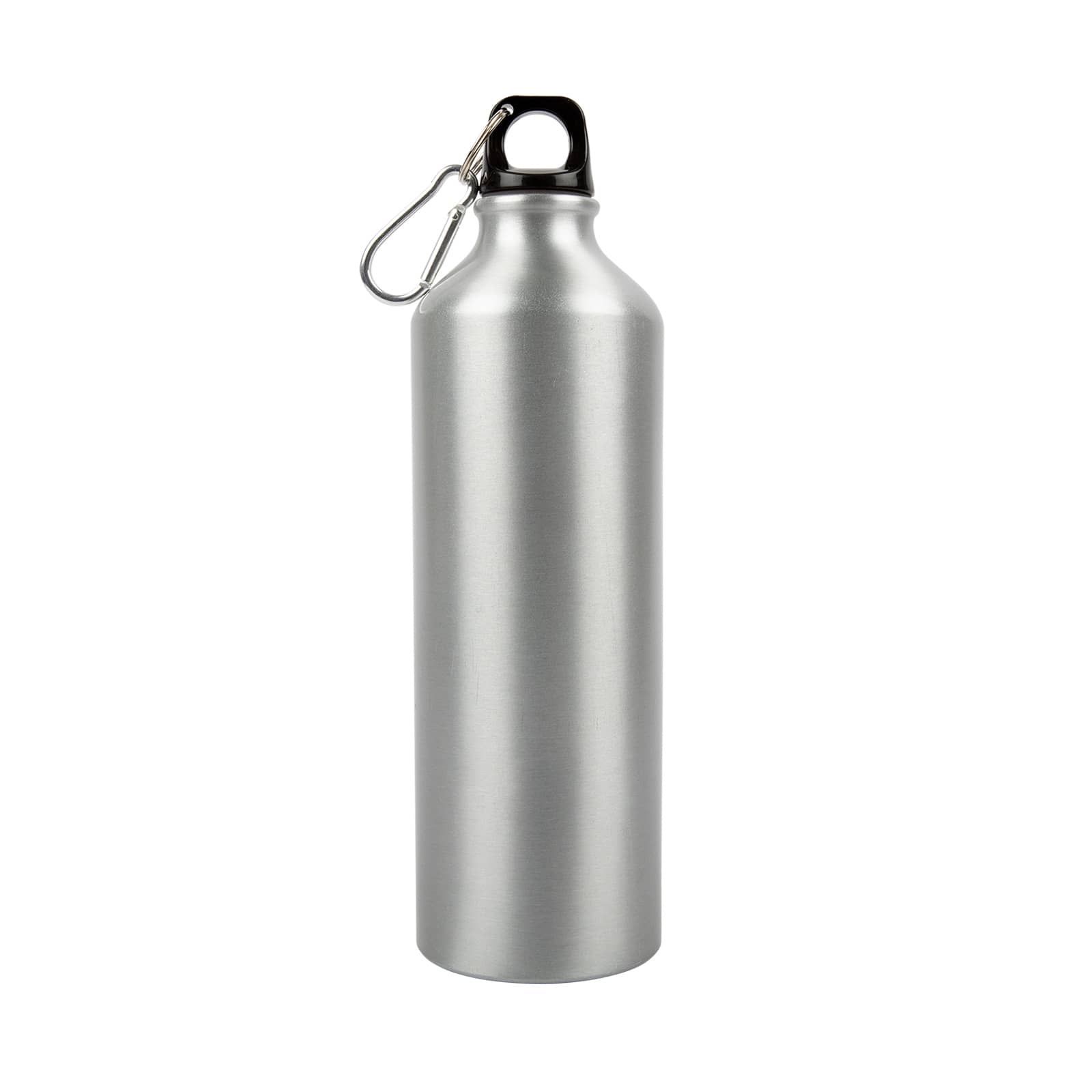 A drink bottle made of aluminum with a sleek silver finish and a black cap featuring a carabiner.