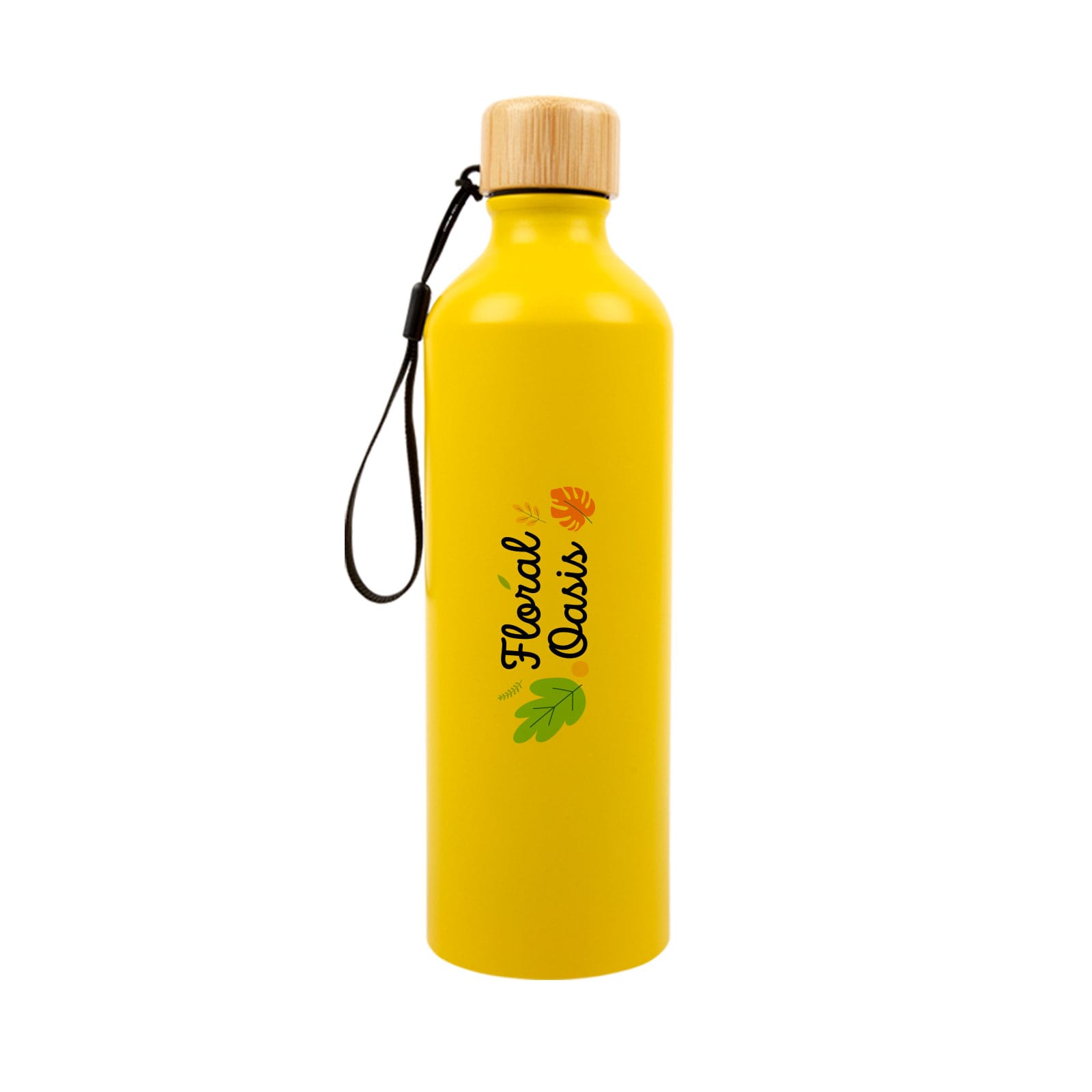 A drink bottle in white with a bamboo lid and a logo. Features colorful graphics of palm trees and beach-related elements.