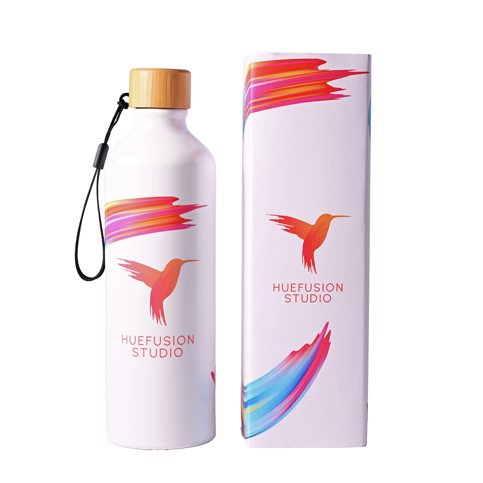 A drink bottle in red with a bamboo lid and a logo, featuring a paw print design.