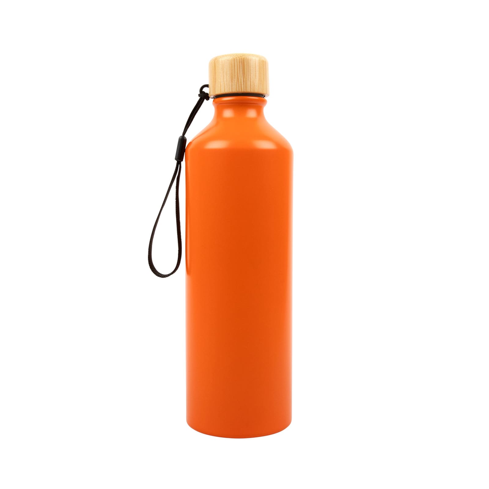 A drink bottle in bright yellow featuring a bamboo lid and a carrying strap. Includes a logo on the surface.