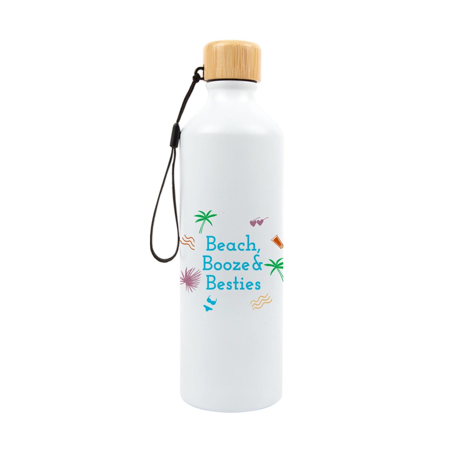A drink bottle in white with a bamboo lid, featuring a colorful design and a logo.