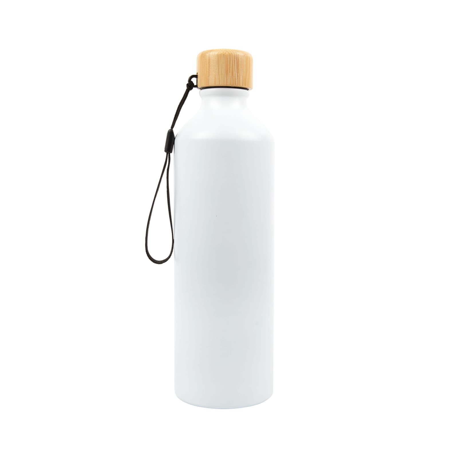 A drink bottle in bright yellow with a bamboo lid and a logo. It features a slim design and a carry strap.