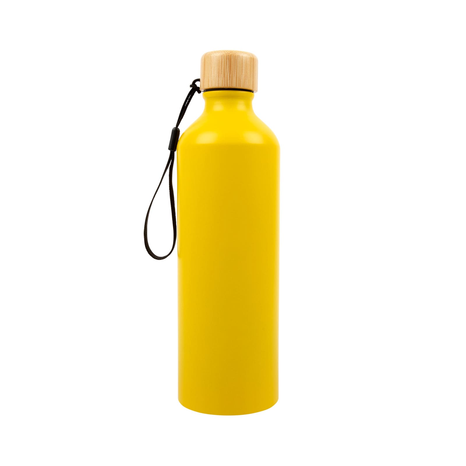 A drink bottle made of aluminium with a sleek white finish and a bamboo lid, featuring a convenient strap.