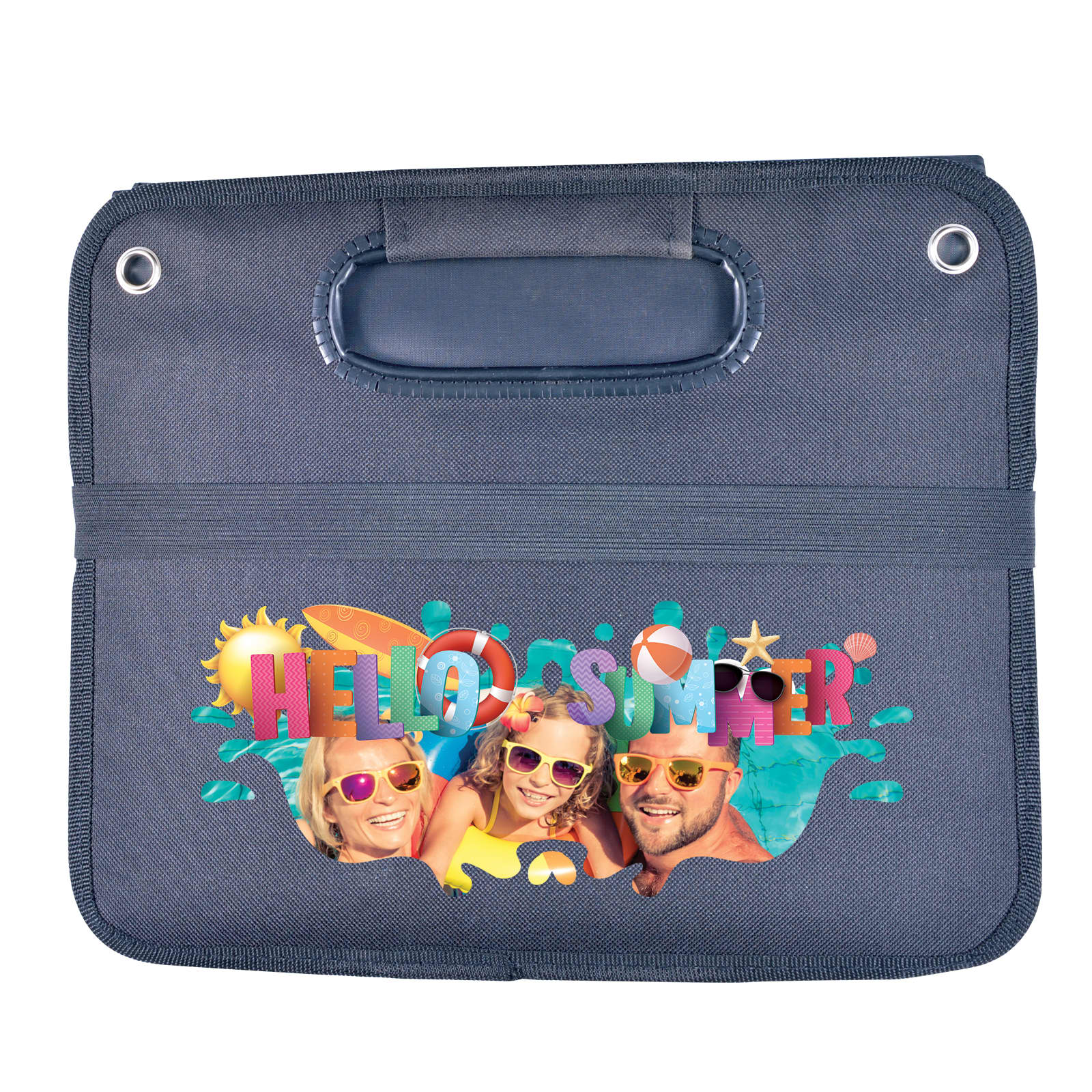 A gray cargo storage organizer with a handle, featuring a summer-themed graphic and colorful design.