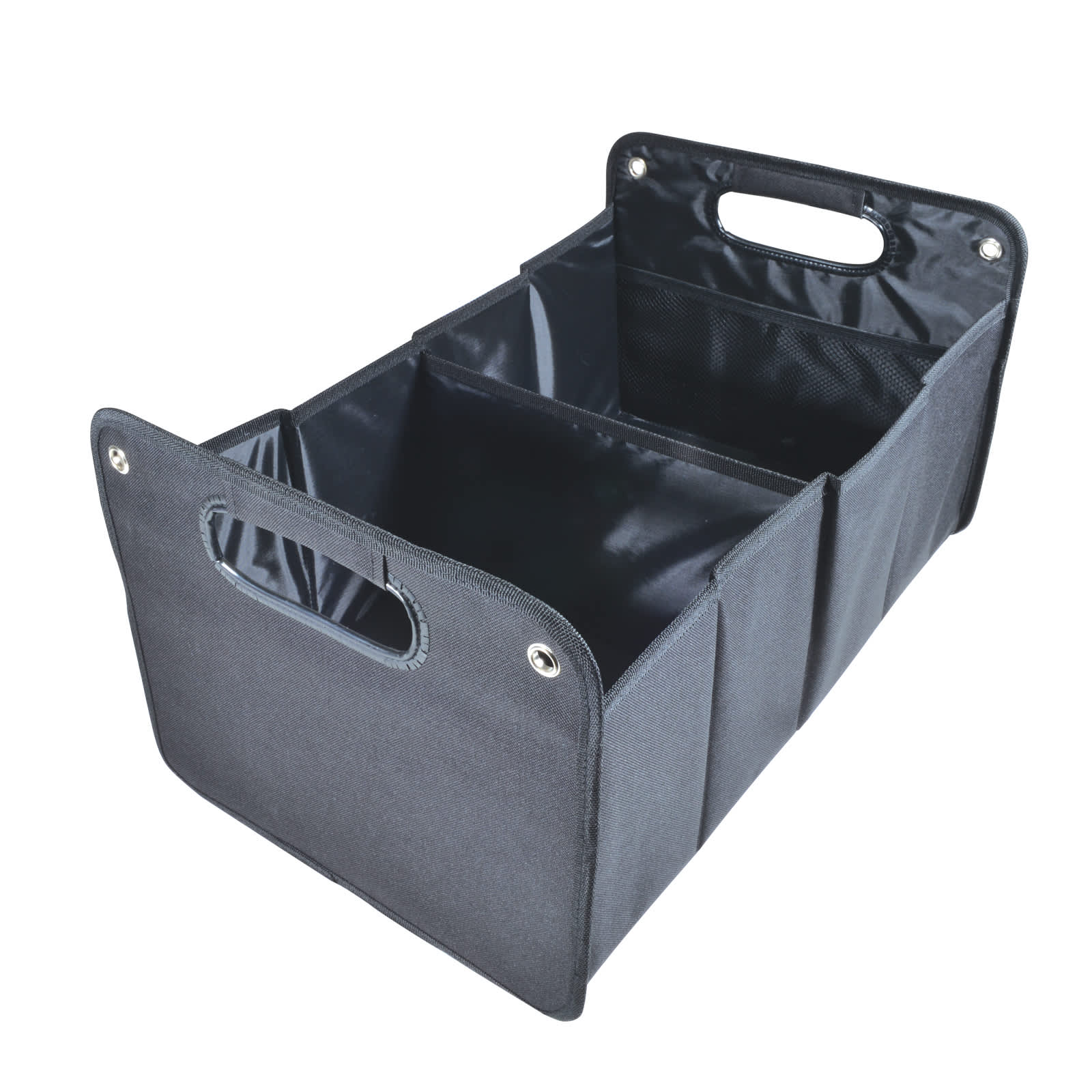 A black cargo storage organiser with multiple compartments and handles for easy carrying.