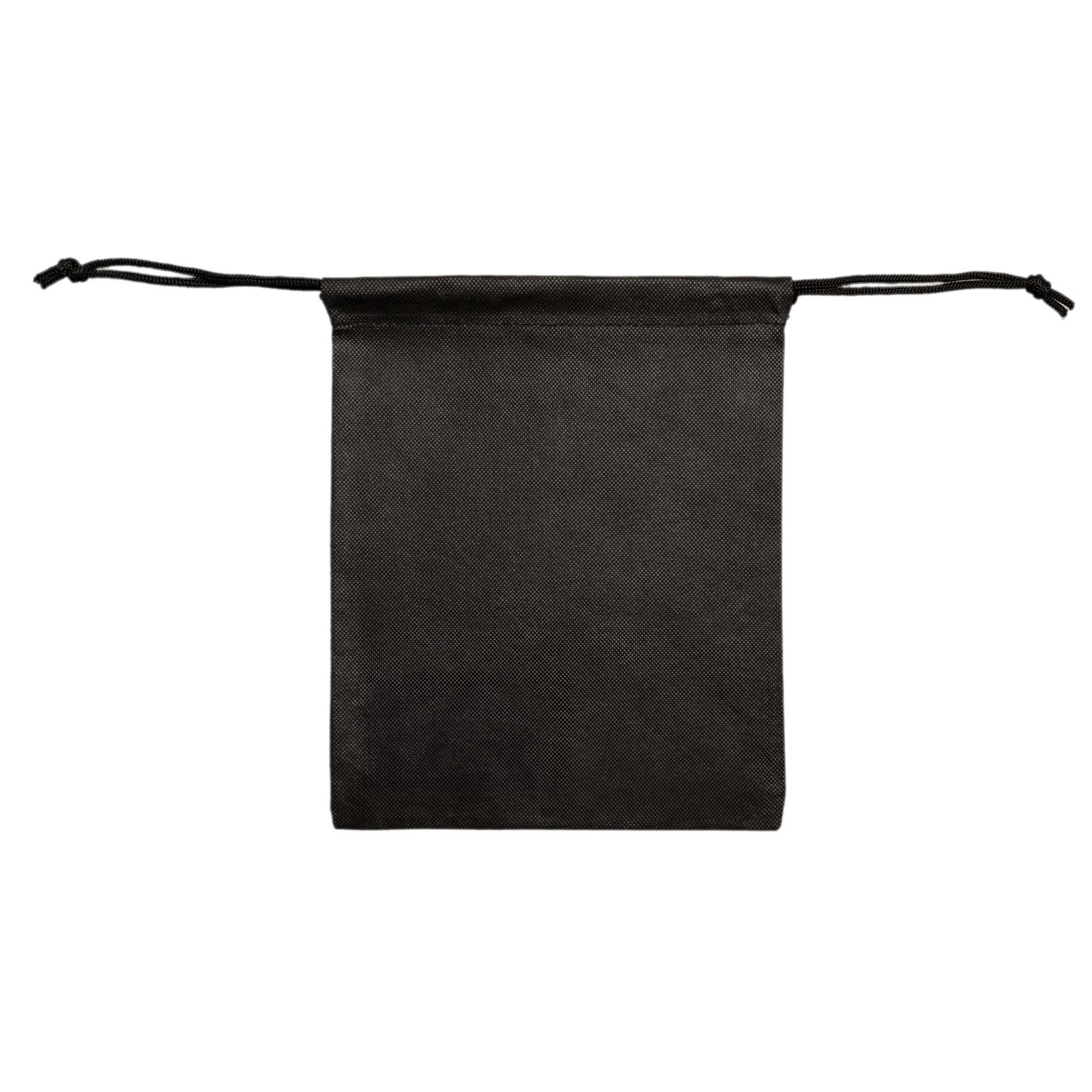 A black drawstring pouch with a simple design and drawstring closure, featuring a logo.