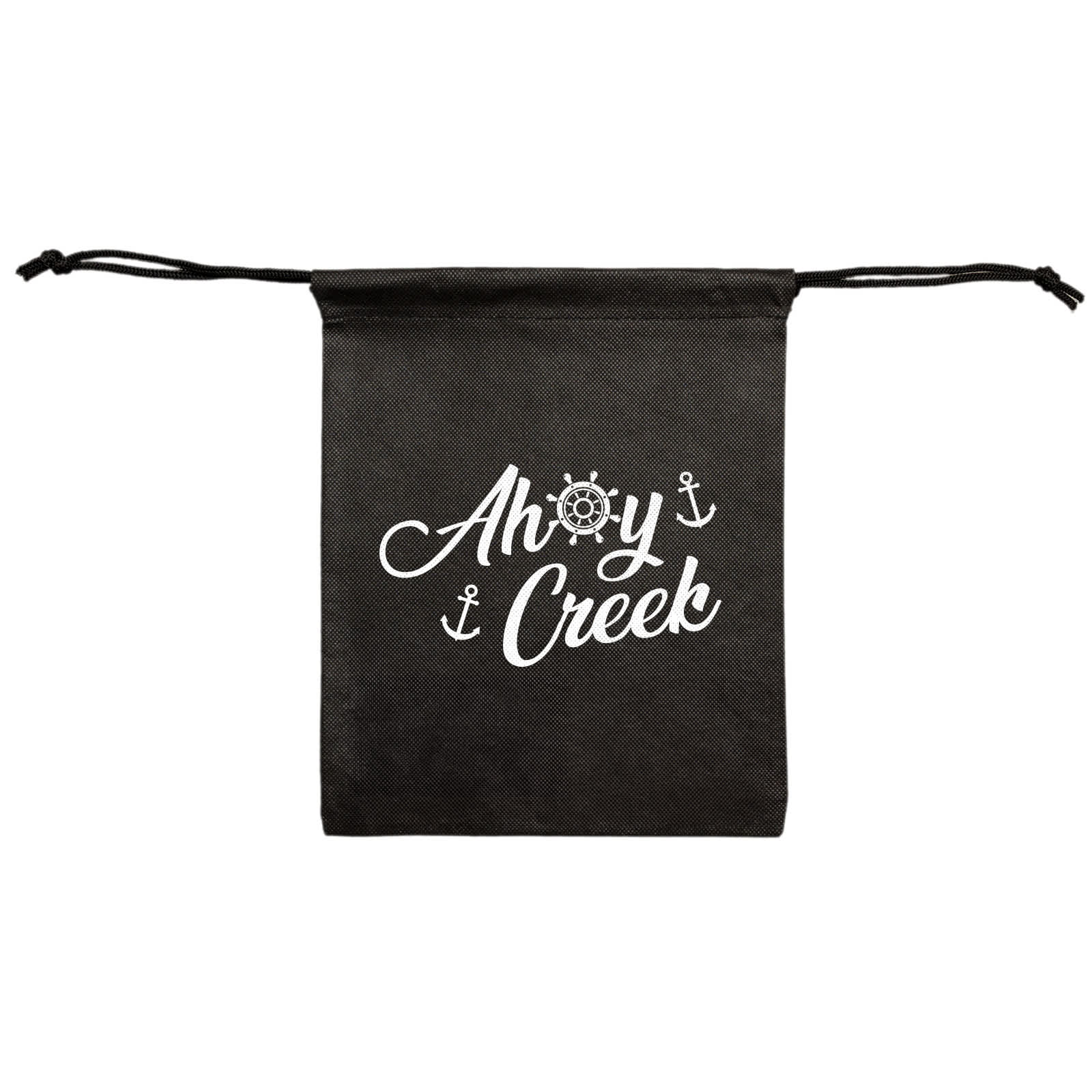 A black drawstring pouch with a logo featuring nautical elements and the text 