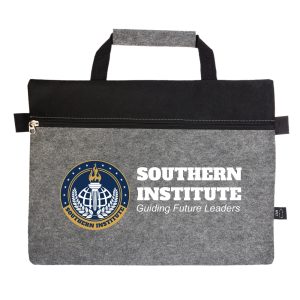 A grey felt satchel with a black top, featuring a zippered closure and dual handles.