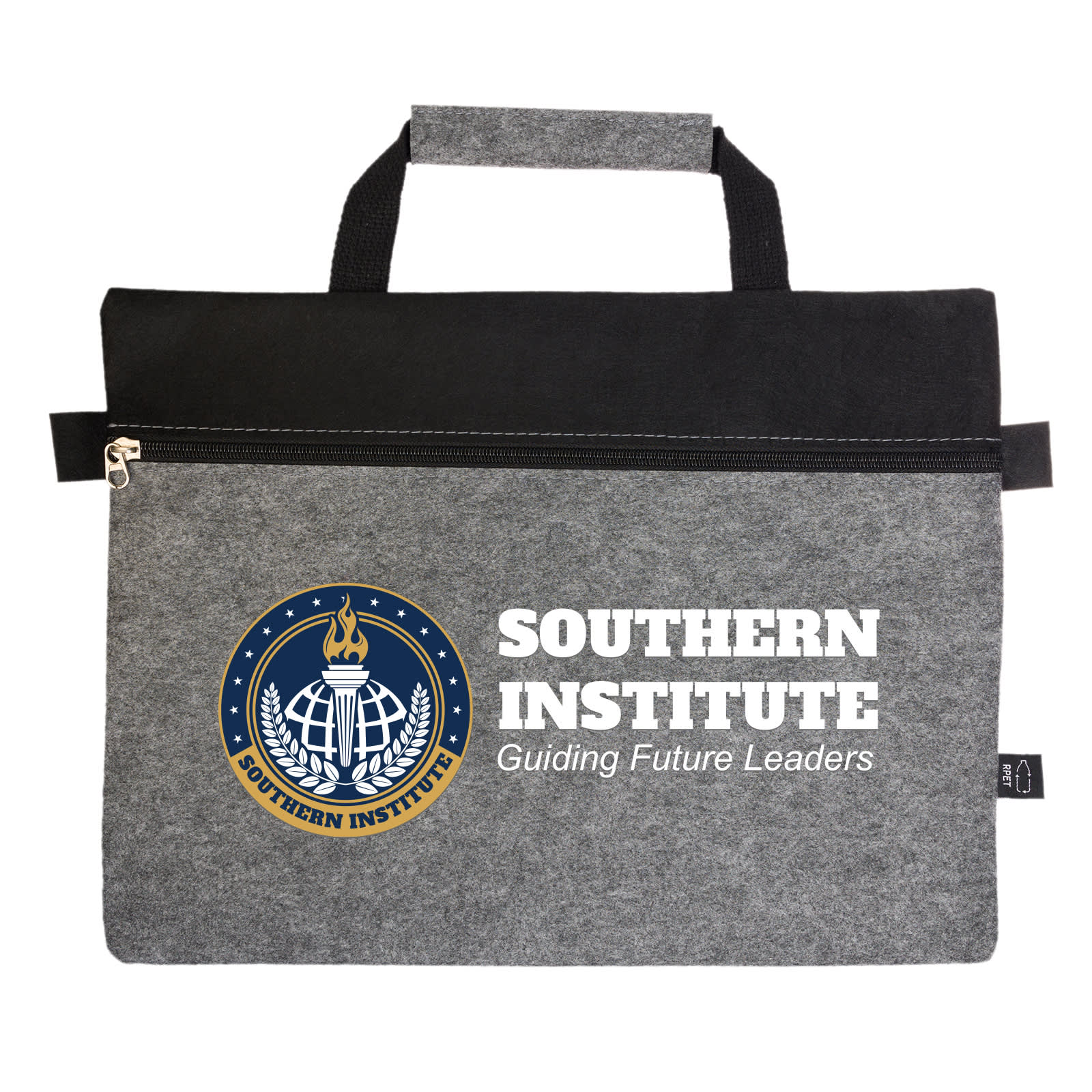 A grey felt satchel with a black top, featuring a zippered closure and dual handles.