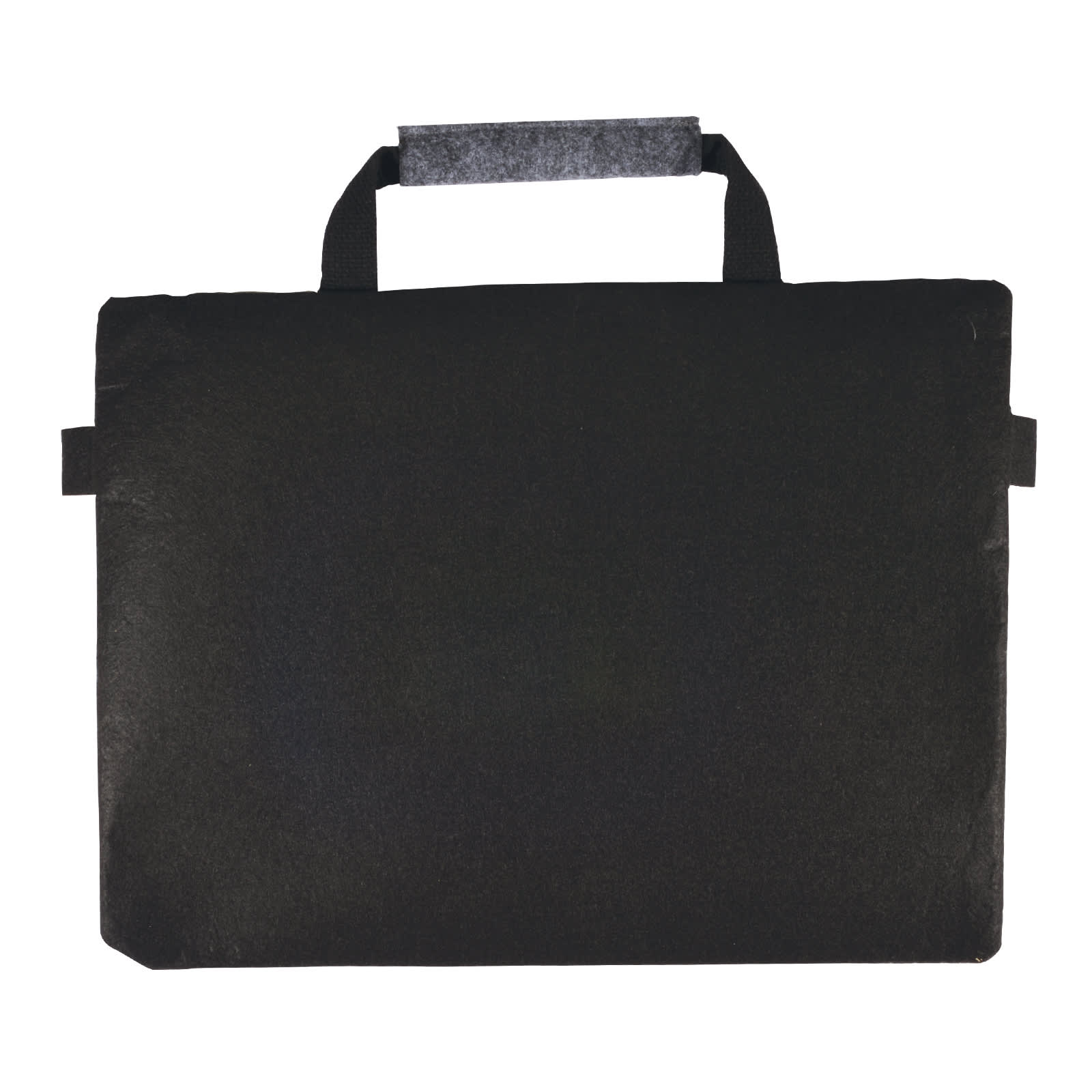 A grey and black felt satchel with a top handle and a front zipper, featuring a logo.