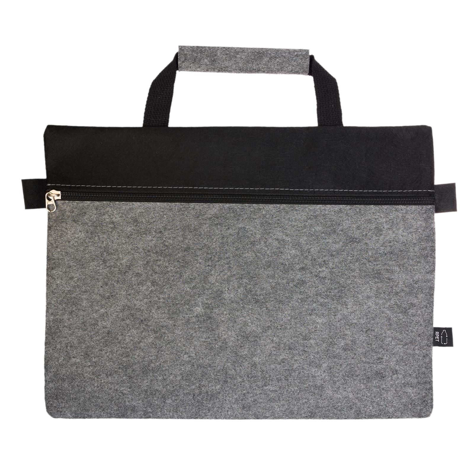 A grey felt satchel with a black top and a zip, featuring a logo and contact details for RV rentals.