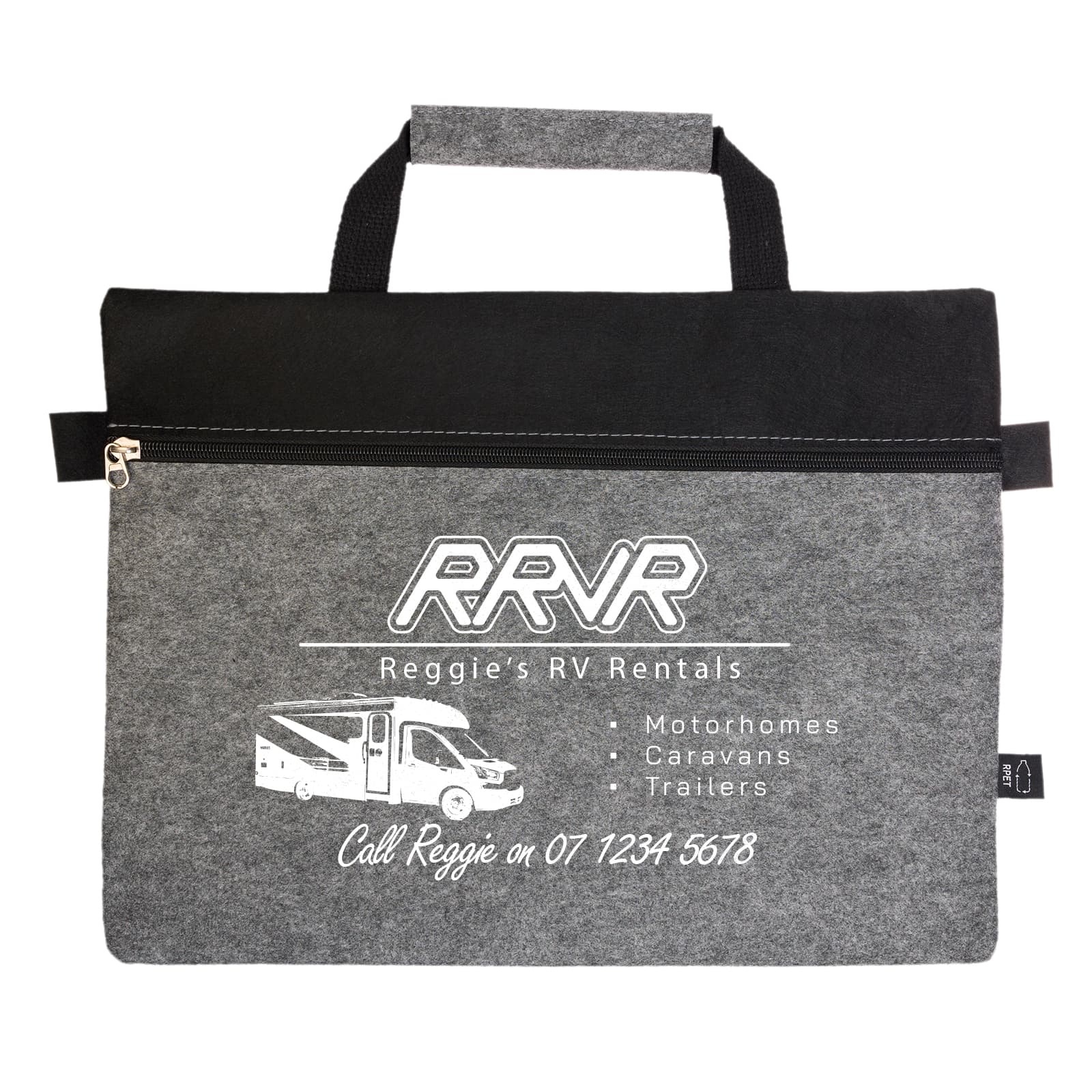 A grey felt satchel with a black top and handle, featuring a zippered compartment and a simple design.