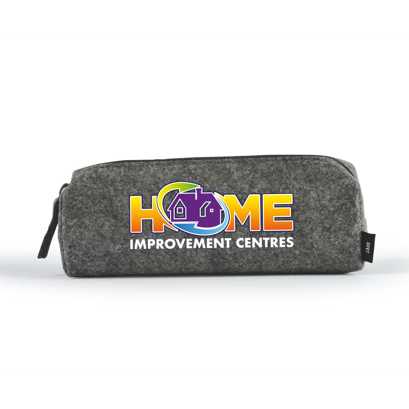 A gray utility case with a zipper, featuring a logo on one side.