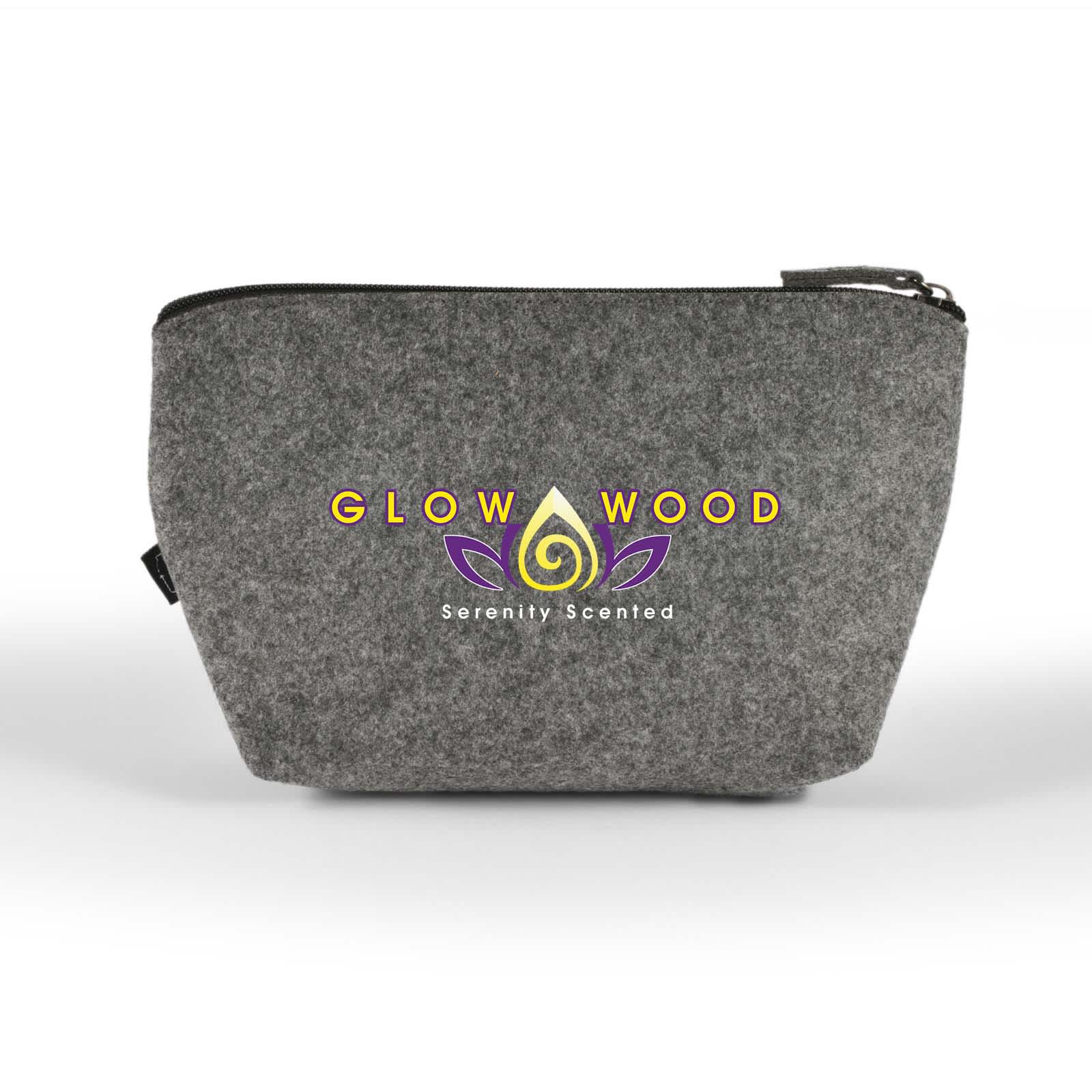 A grey felt pouch featuring a logo, ideal for organising toiletries and accessories.