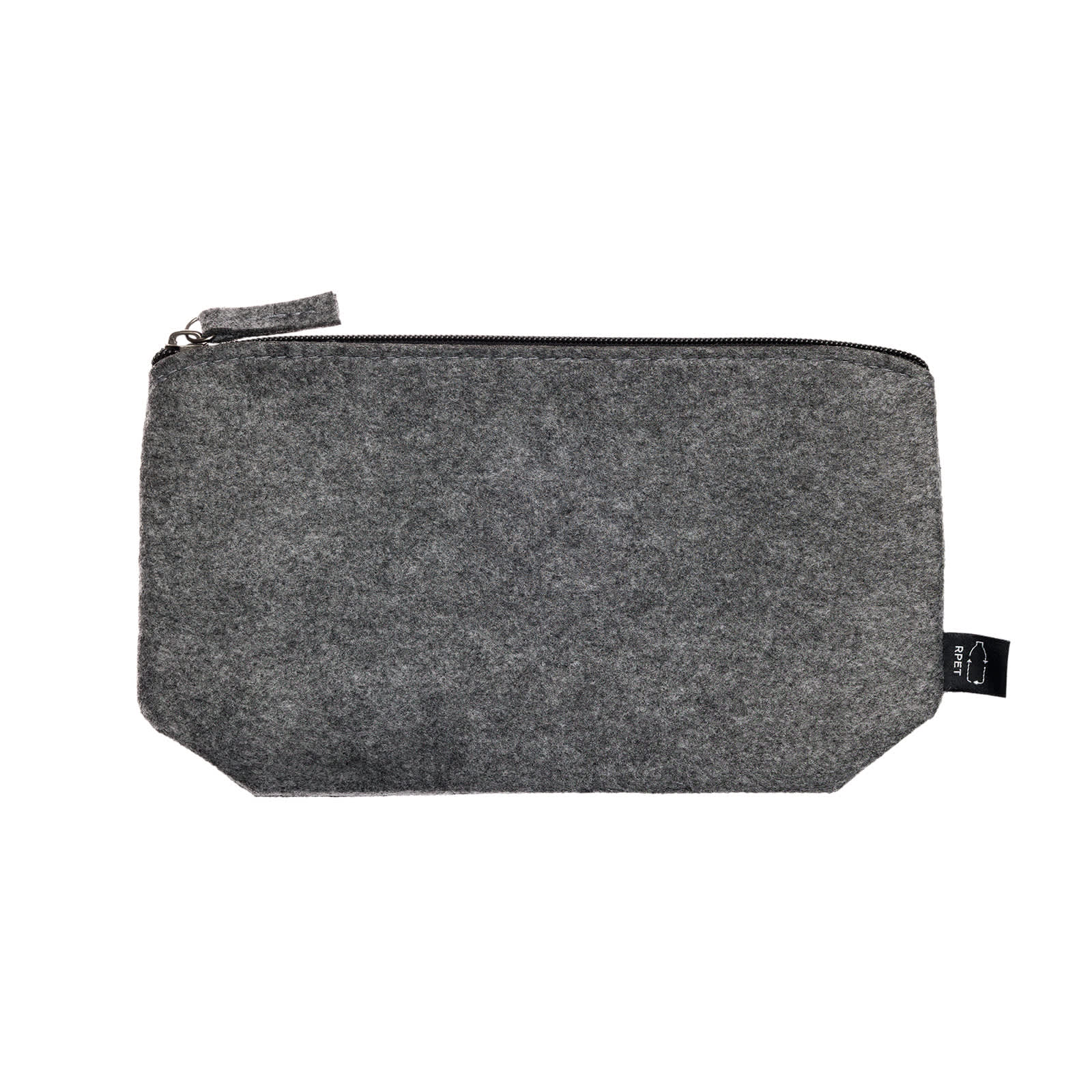 A grey felt pouch with a zipper, featuring a logo on the side. Suitable for toiletries and accessories.