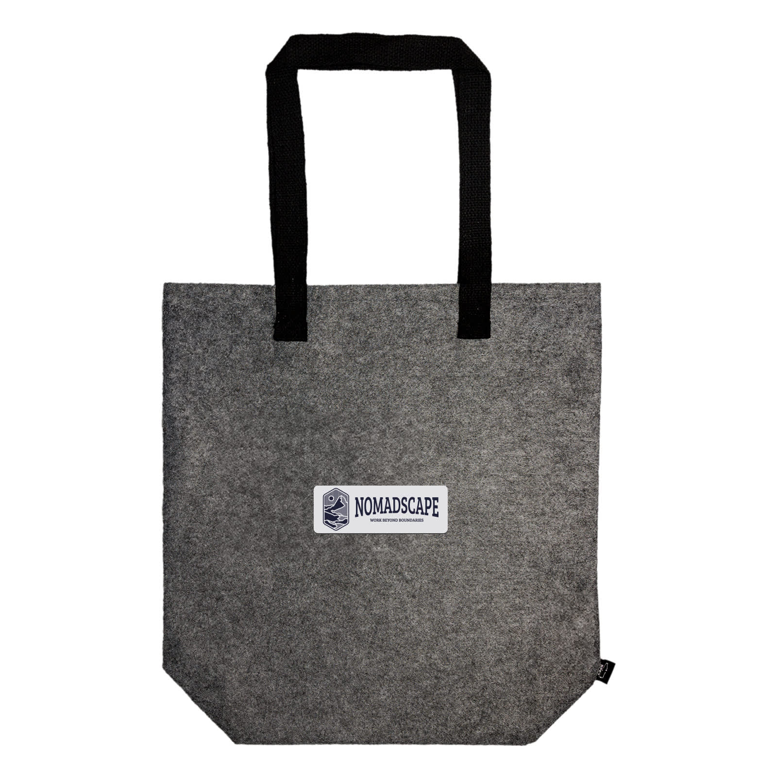 A gray tote bag with black handles featuring a printed logo label that reads 