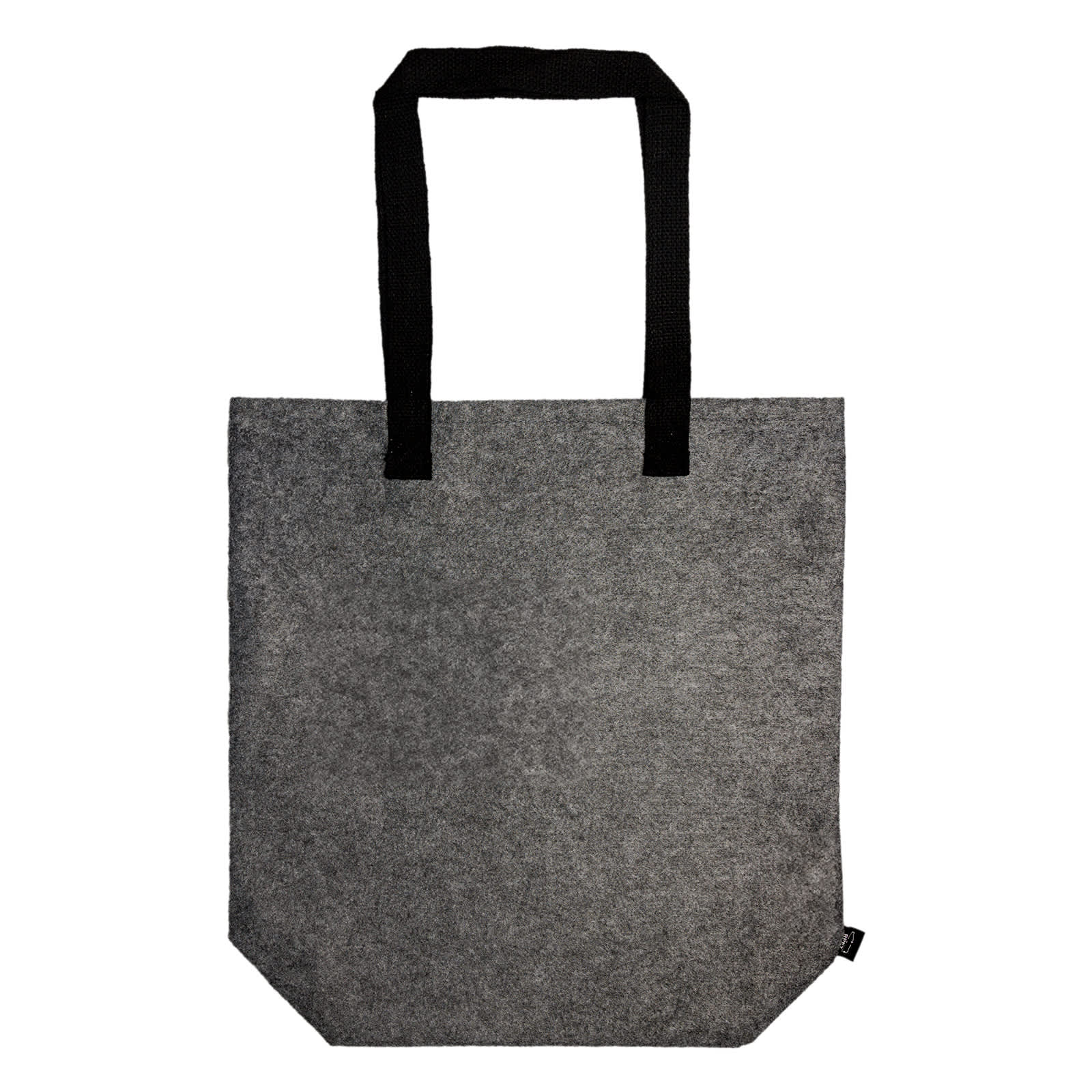 A hand holds a grey felt tote bag with black straps. The bag features a branding logo.