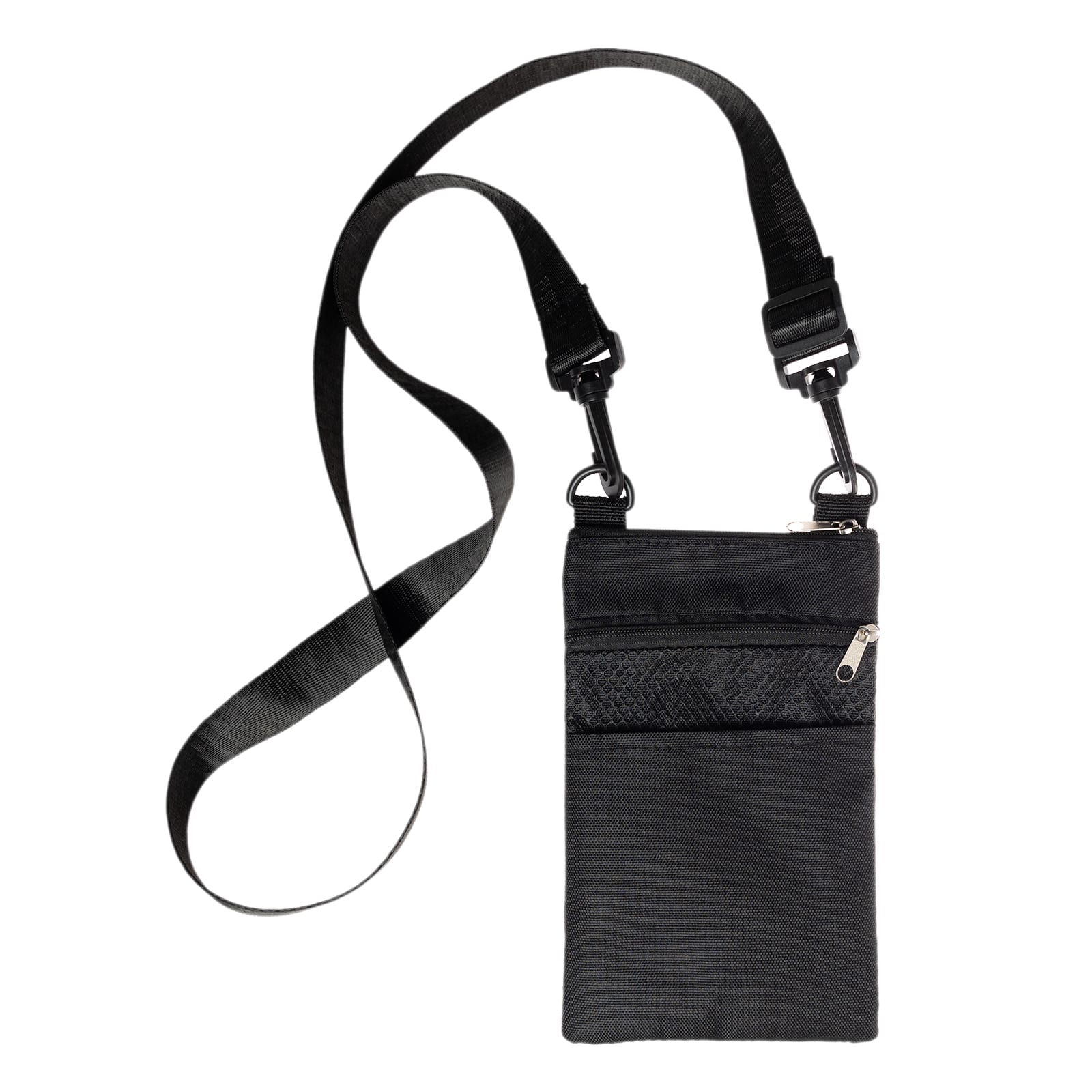 A black neck pouch with a strap and a logo, featuring a zippered pocket and a textured surface.