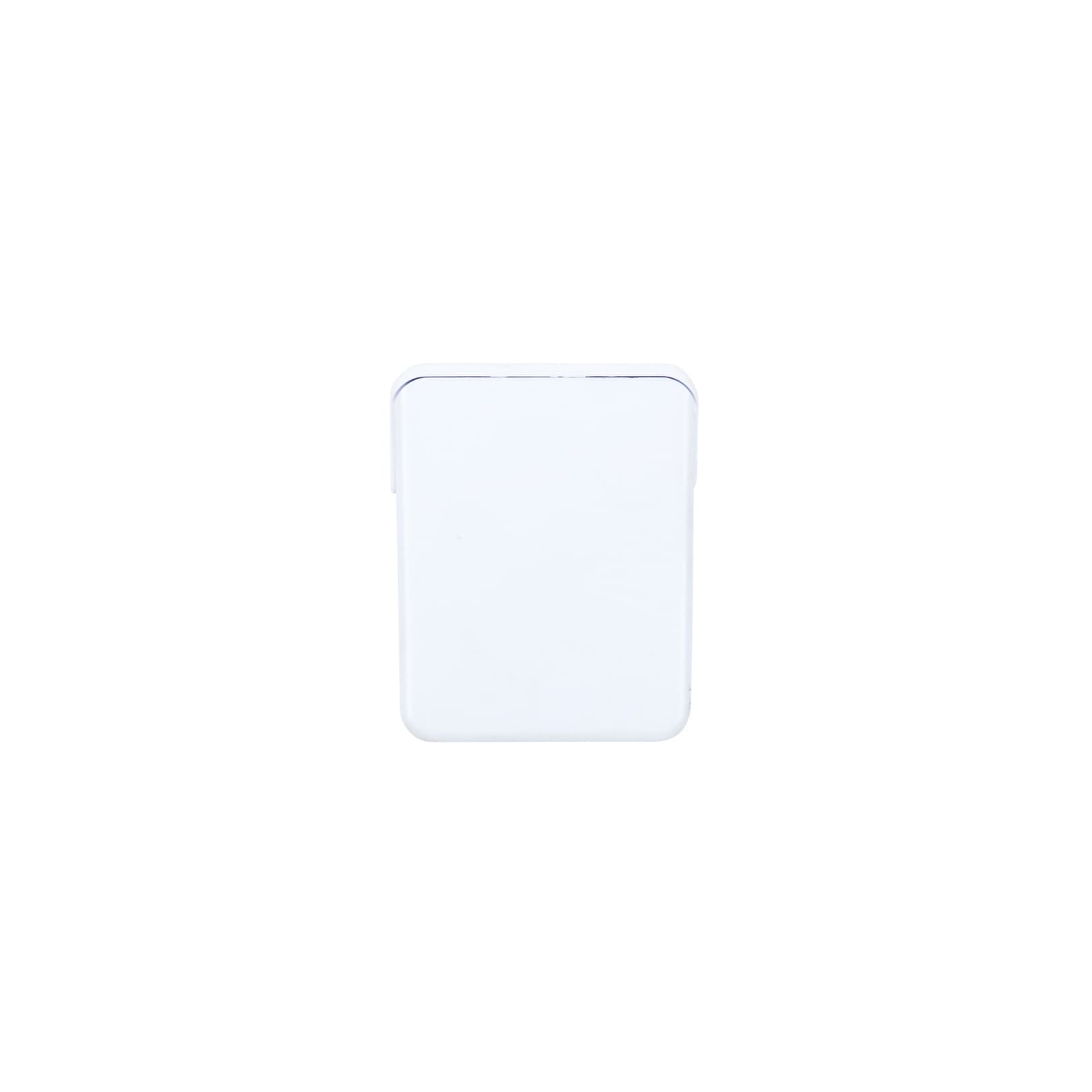 A rectangular pencil sharpener in a white color, featuring a sleek design and a simple logo on the front.