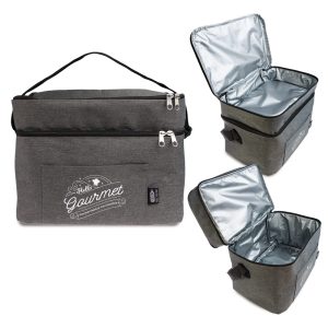 A navy blue and grey cooler bag with a top zipper, featuring a front pocket and a logo.