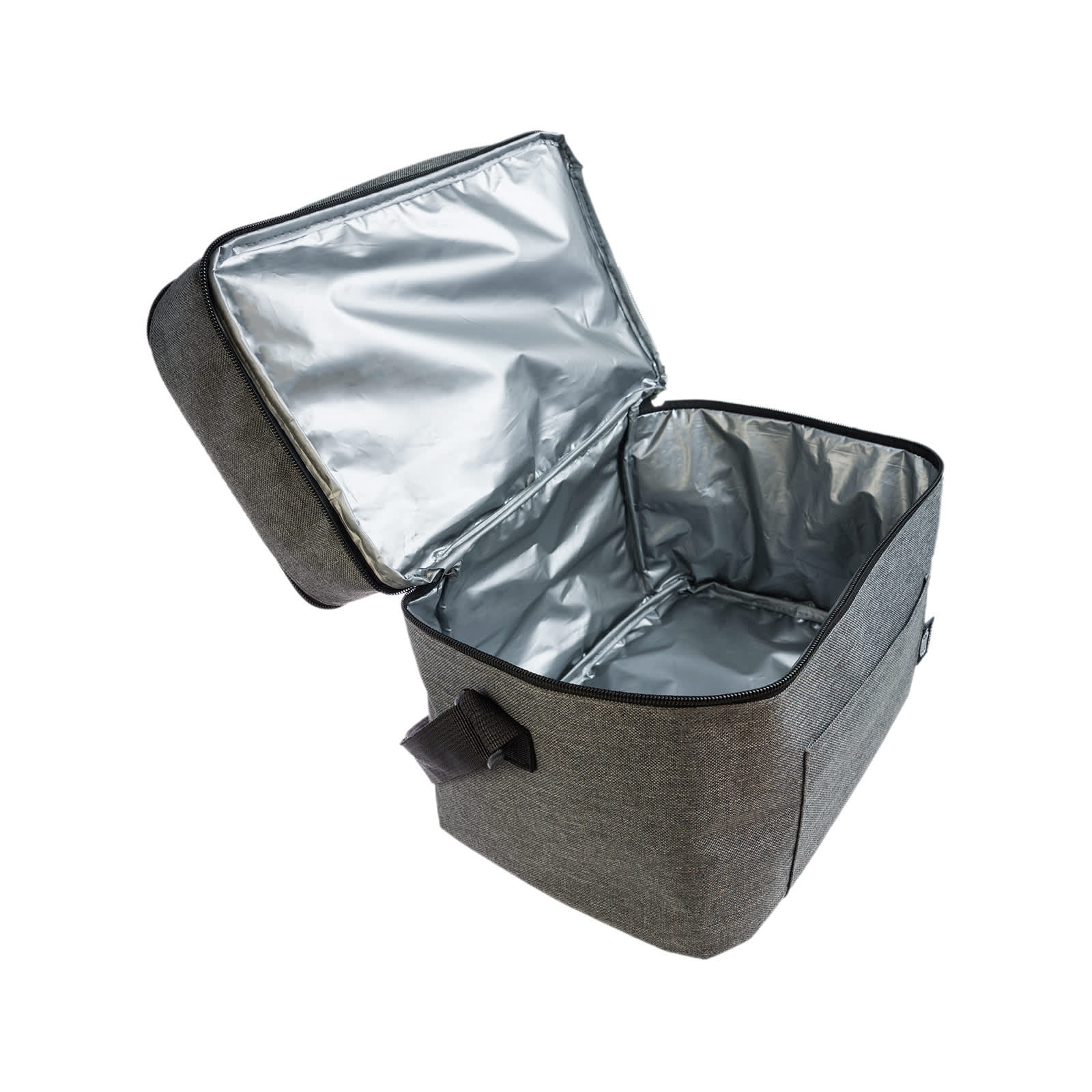 A grey cooler bag with an open lid, featuring a silver insulated interior and a side handle.