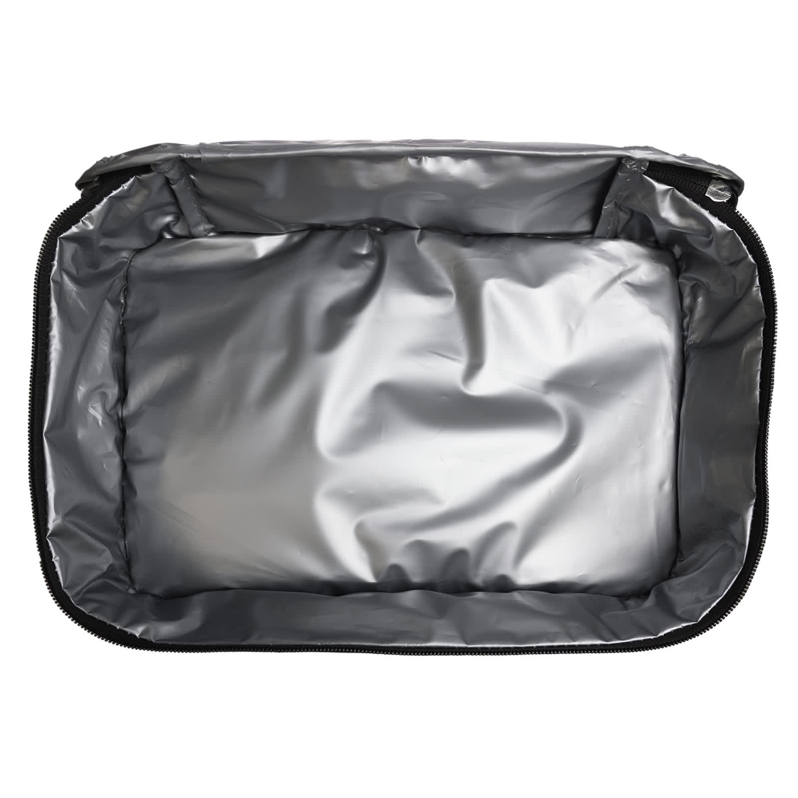 A navy blue cooler bag with a zippered top compartment and a front pocket featuring a logo.
