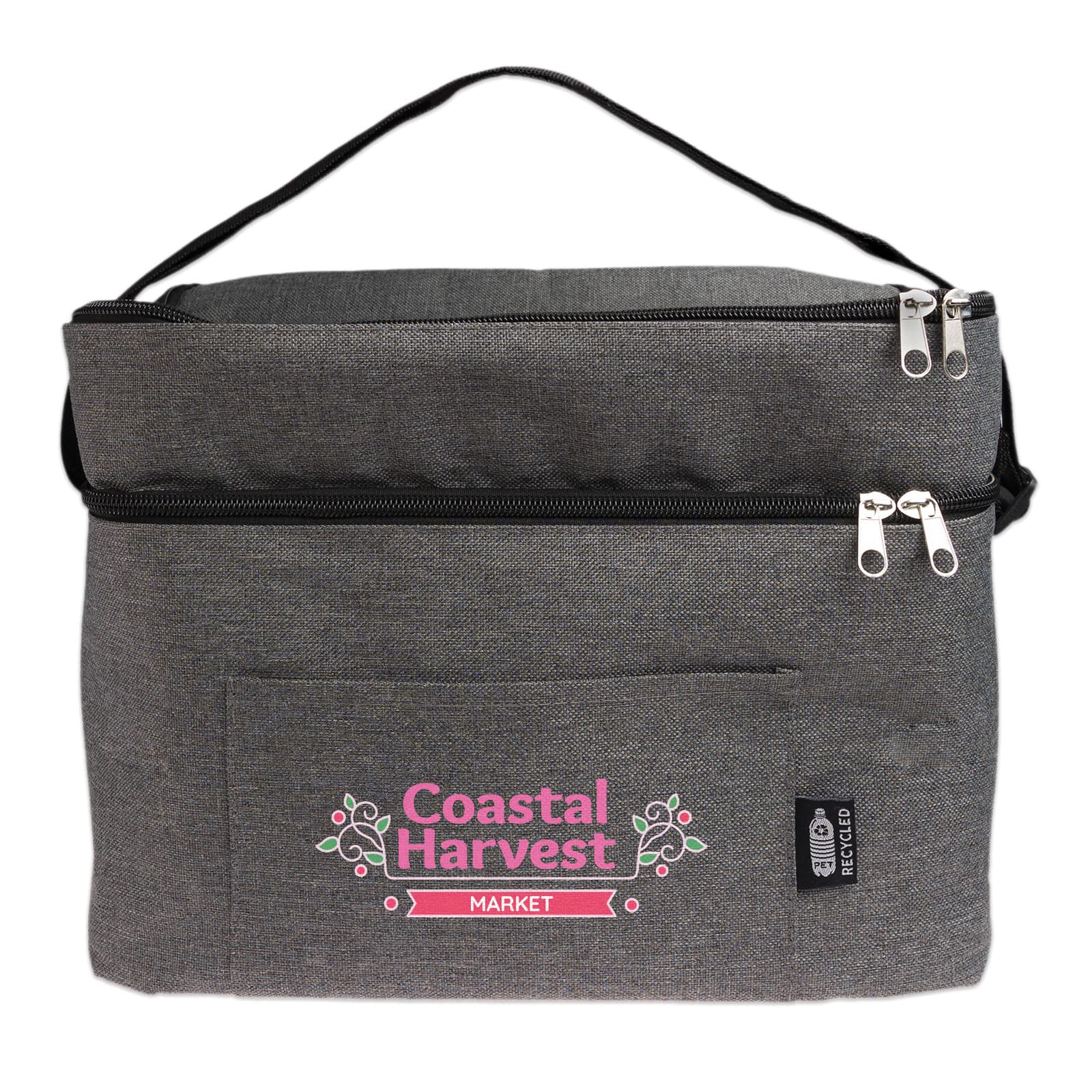A cooler bag with a sleek gray design features two zippered compartments and an adjustable shoulder strap.