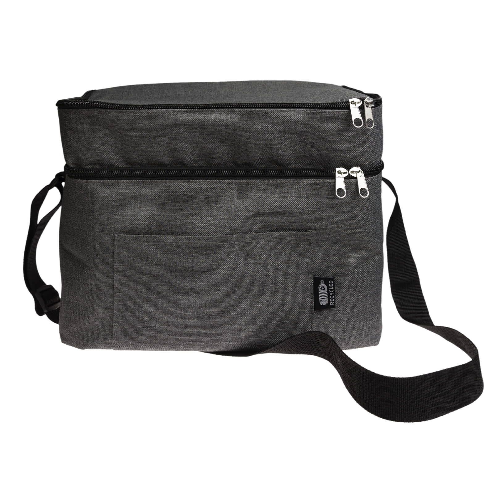 A dark blue cooler bag with a zip closure, featuring a subtle textured fabric and a branded logo.