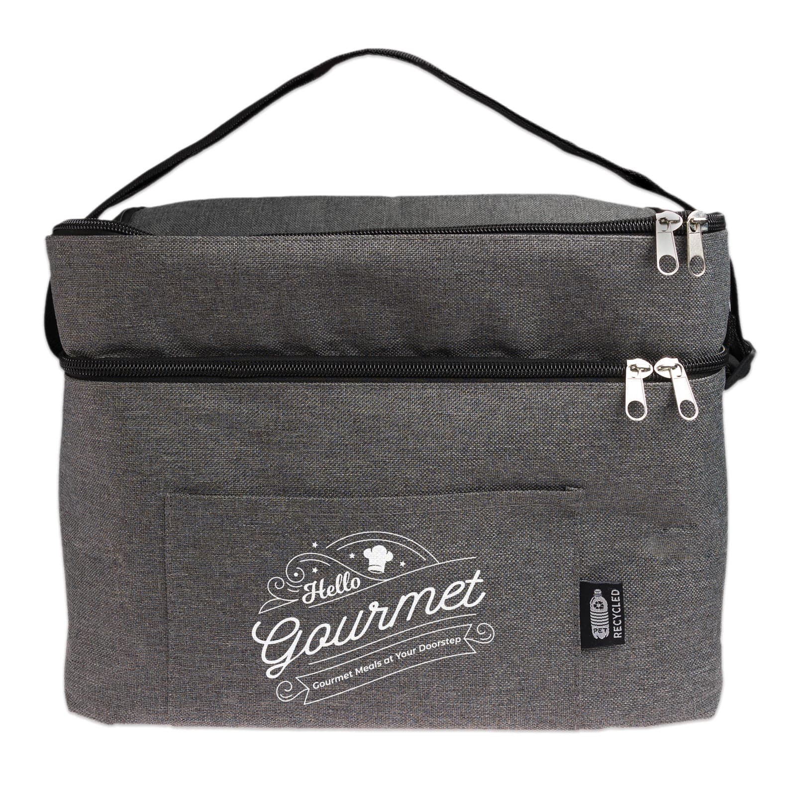 A navy cooler bag with a zippered top, front pocket, and a logo. It features a sturdy and insulated design.