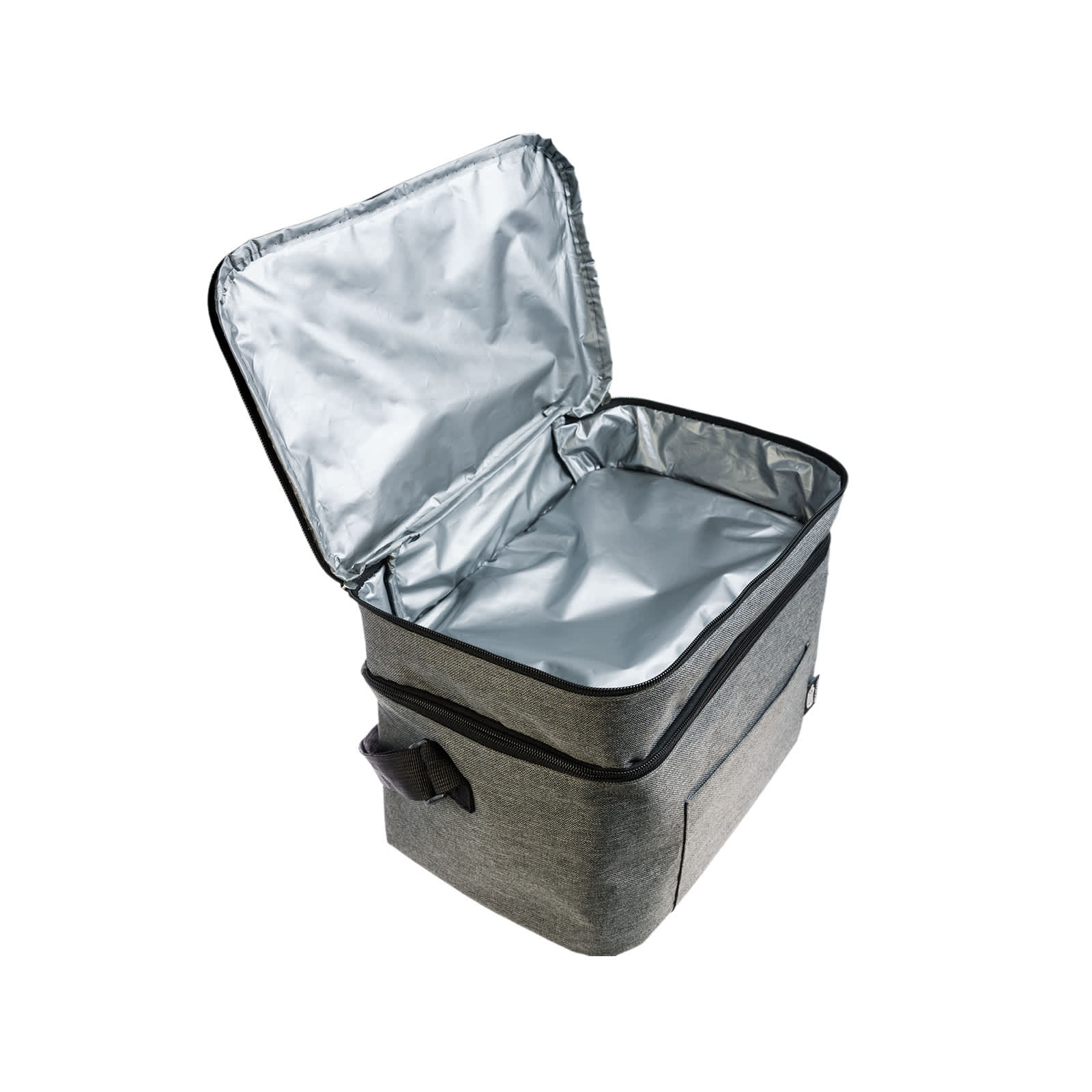 A grey cooler bag with a silver interior, featuring a zip closure and carrying handle. It has a logo on the side.