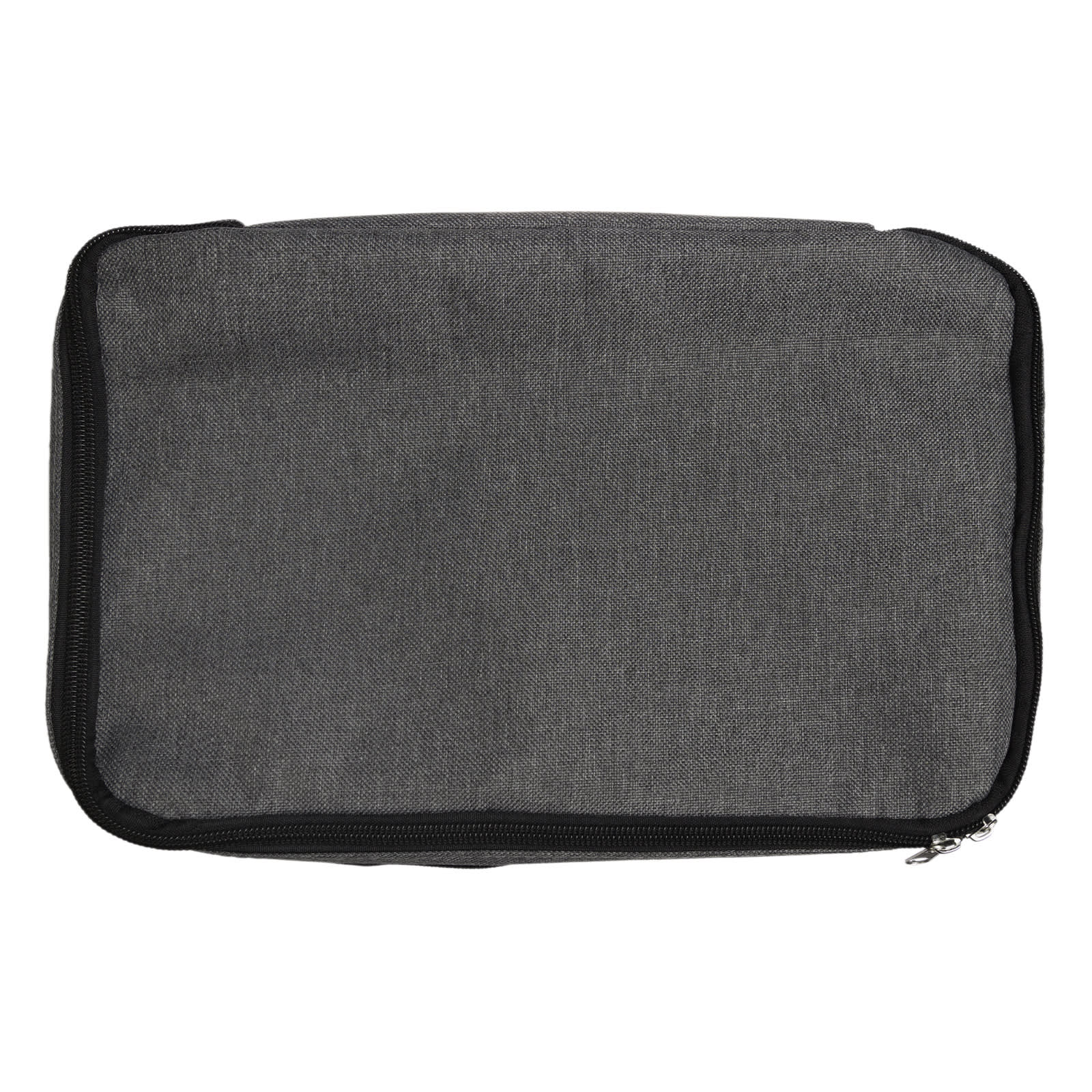 A grey cooler bag with a spacious, insulated interior. The bag features a zippered closure and a smooth, shiny lining.