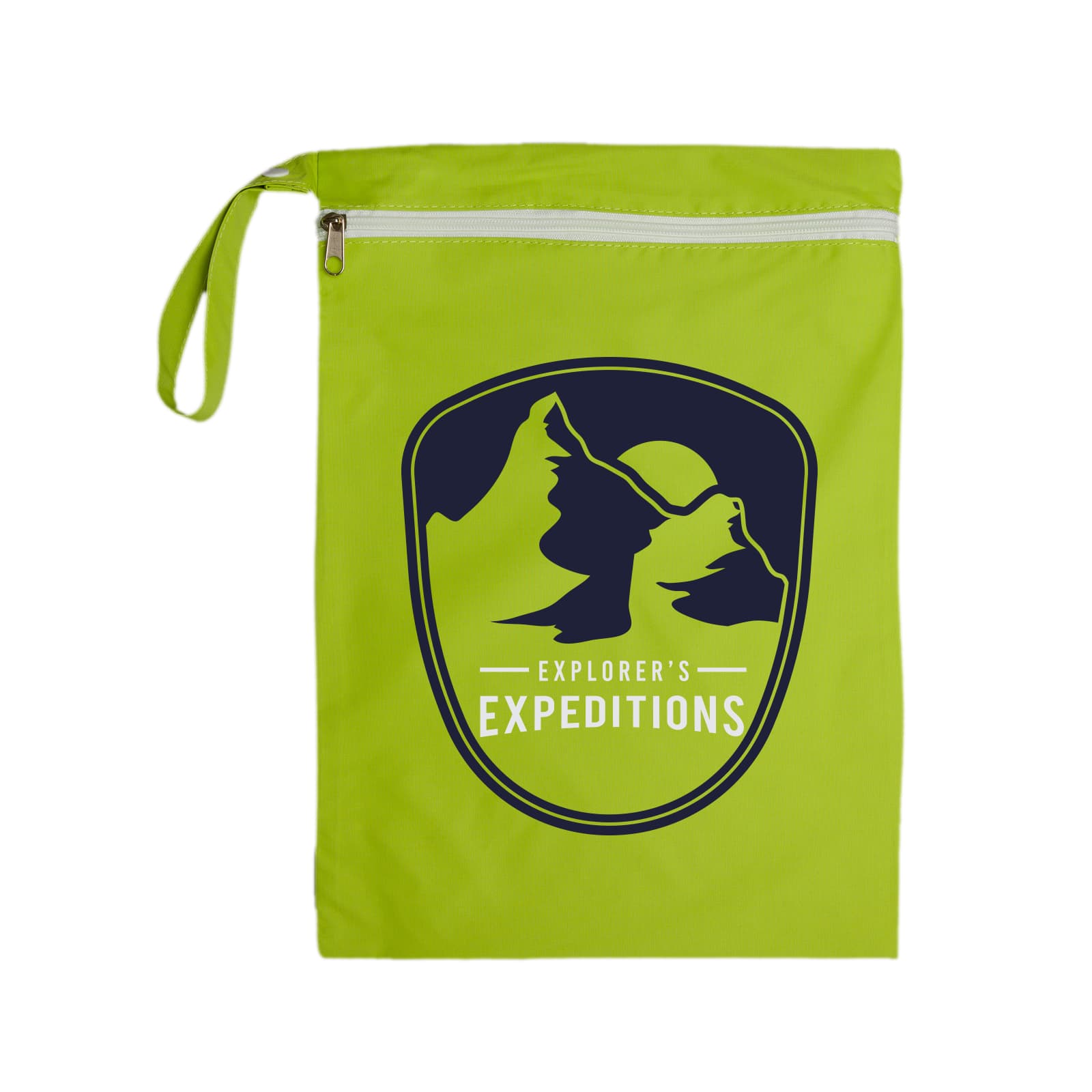 A bright green bag featuring a logo with mountains and the text 