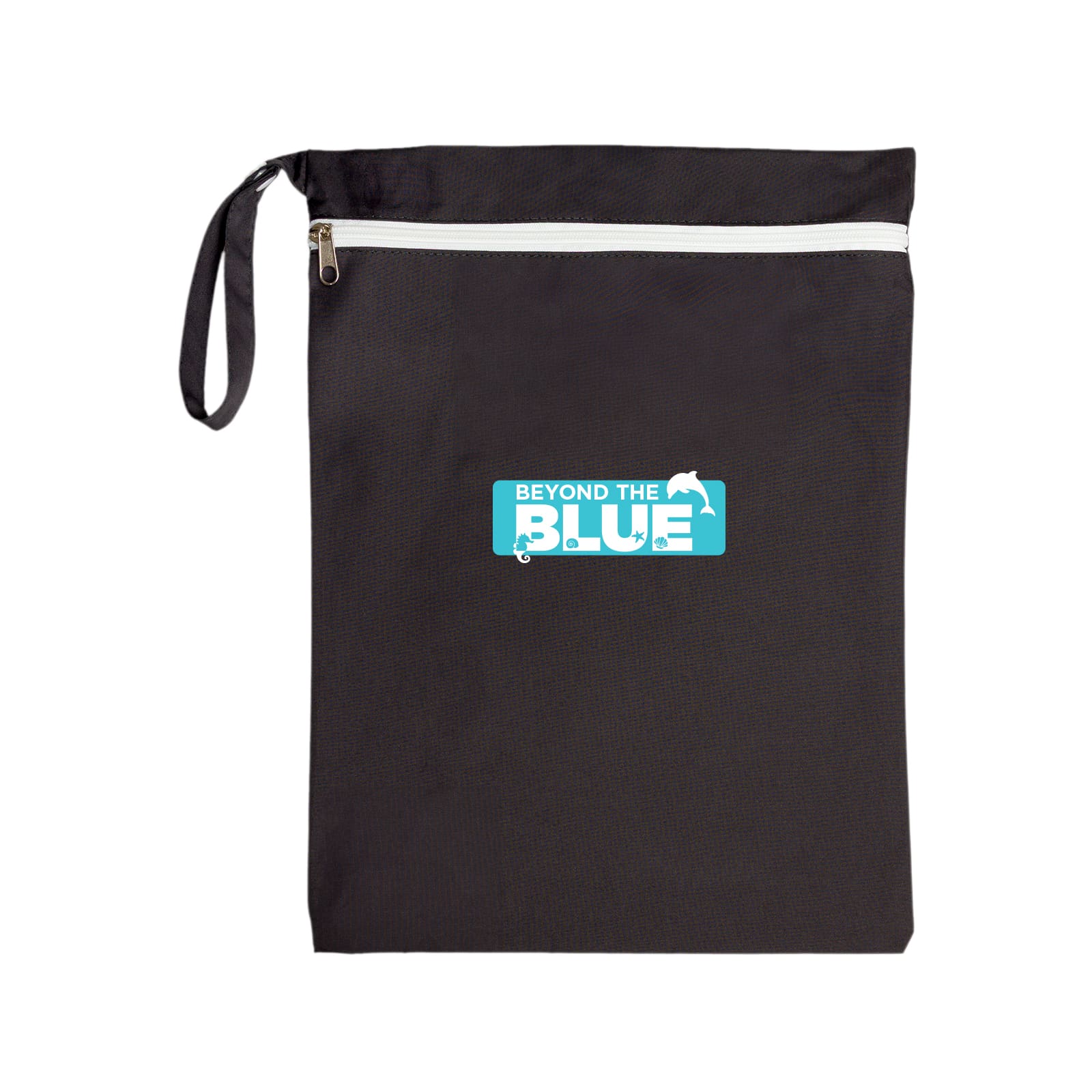A Cosi Wet Bag in black fabric with a white zipper, featuring a light blue logo that says 