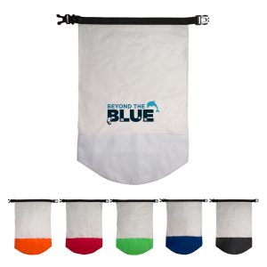 A waterproof bag in white with a logo, featuring colored bottom sections in orange, red, green, blue, and black.