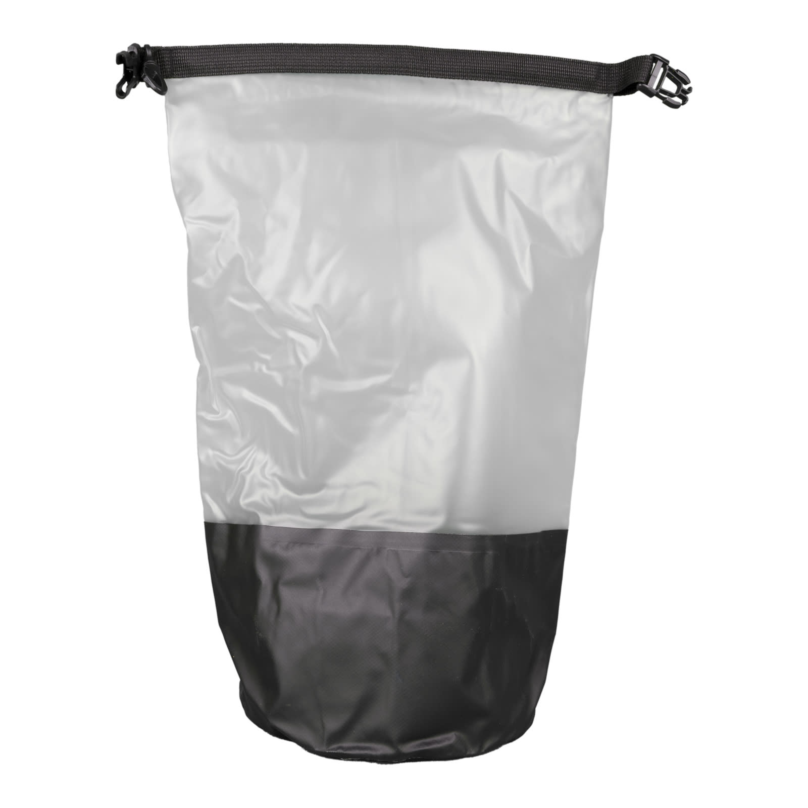 A waterproof bag featuring a clear upper section and black lower section, secured with adjustable straps.