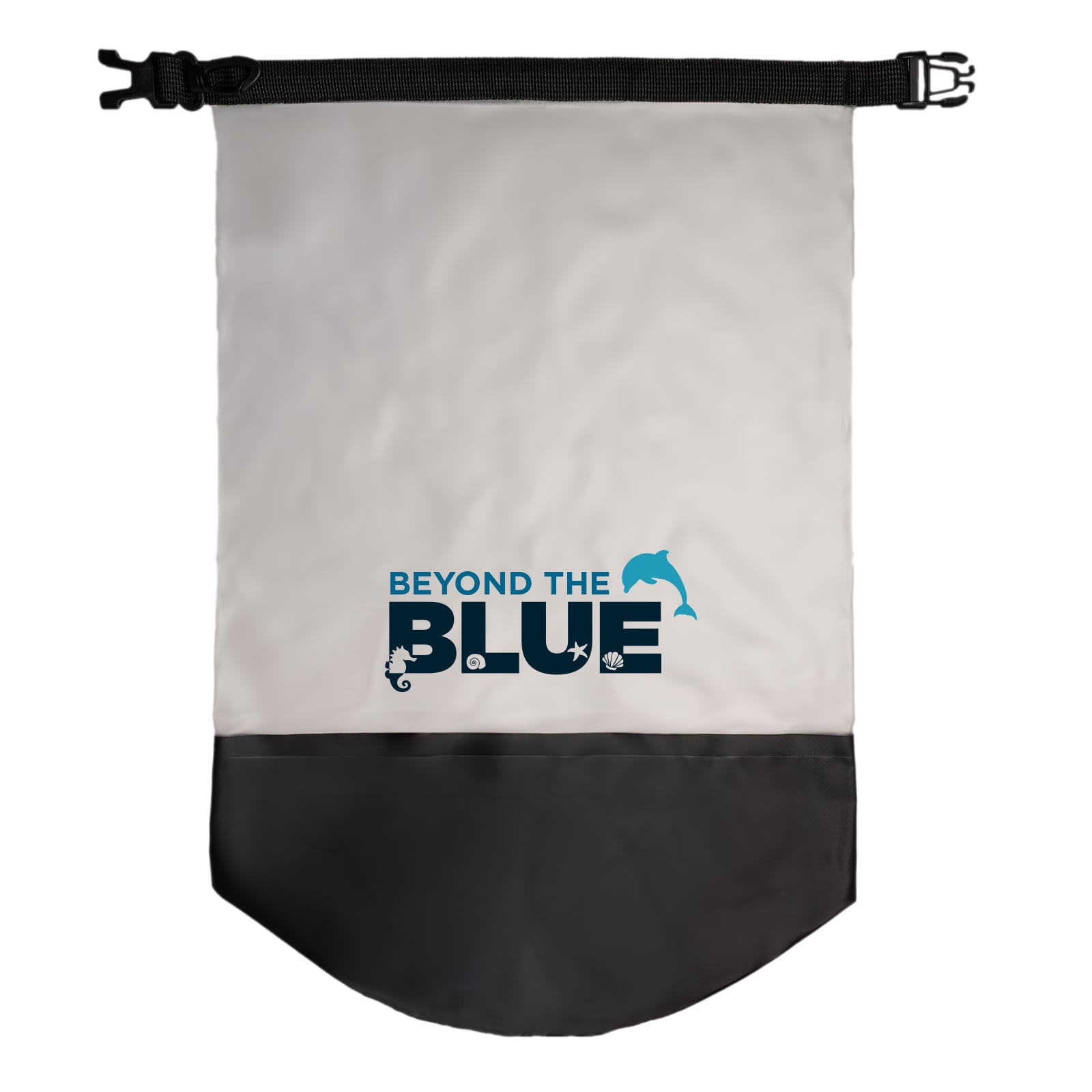 A waterproof dry bag in grey and black, featuring a logo with text, designed for protection against water.