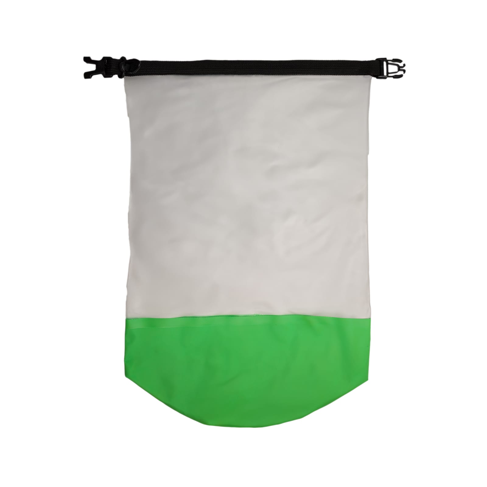 A waterproof bag featuring a white upper section and a vibrant green lower section, secured with a black closure.