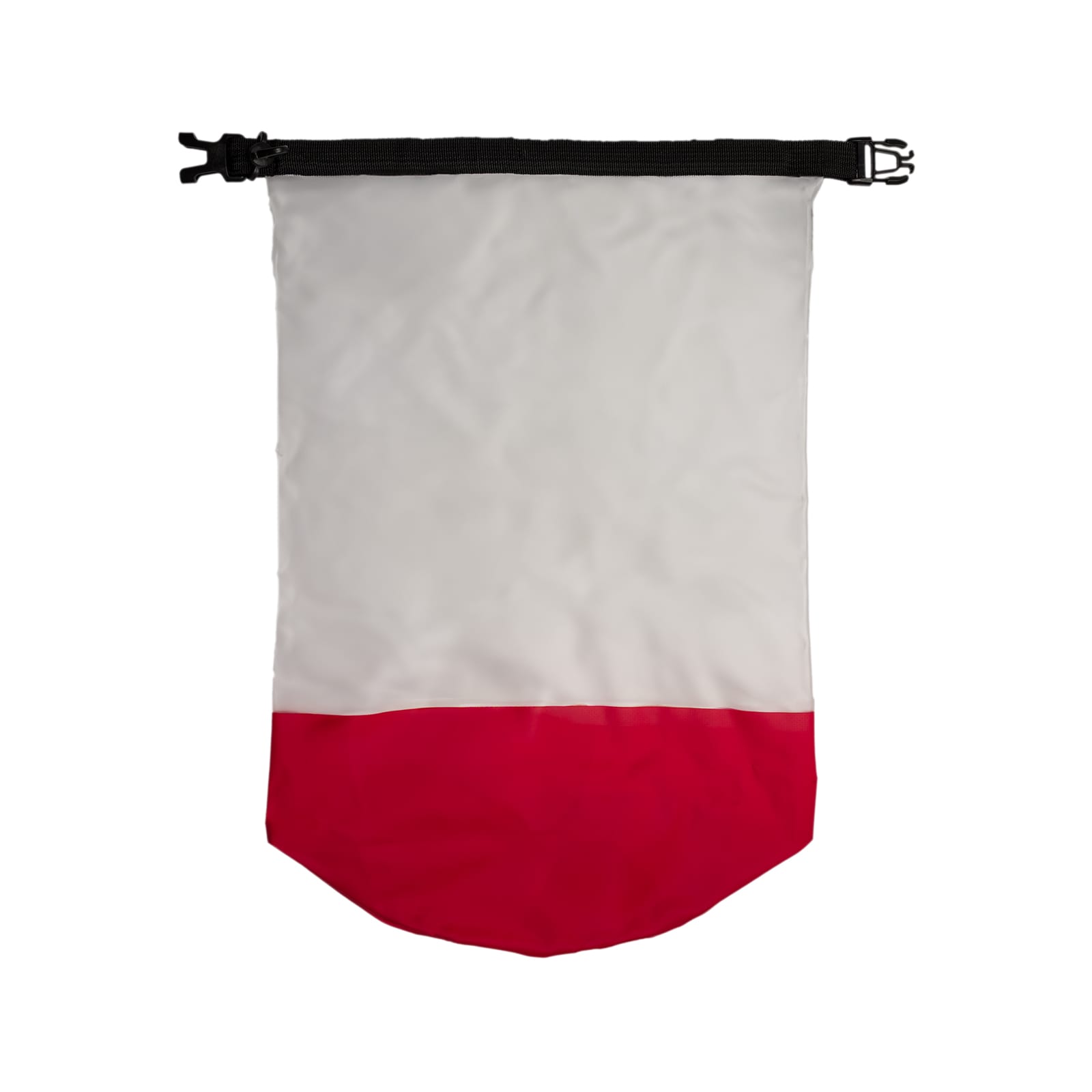 A waterproof bag featuring a white upper section and a red bottom, equipped with a secure closure and a logo.