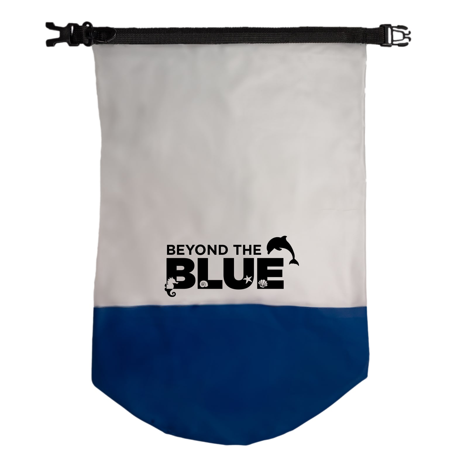 A waterproof bag featuring a two-tone design in white and blue, with the text 