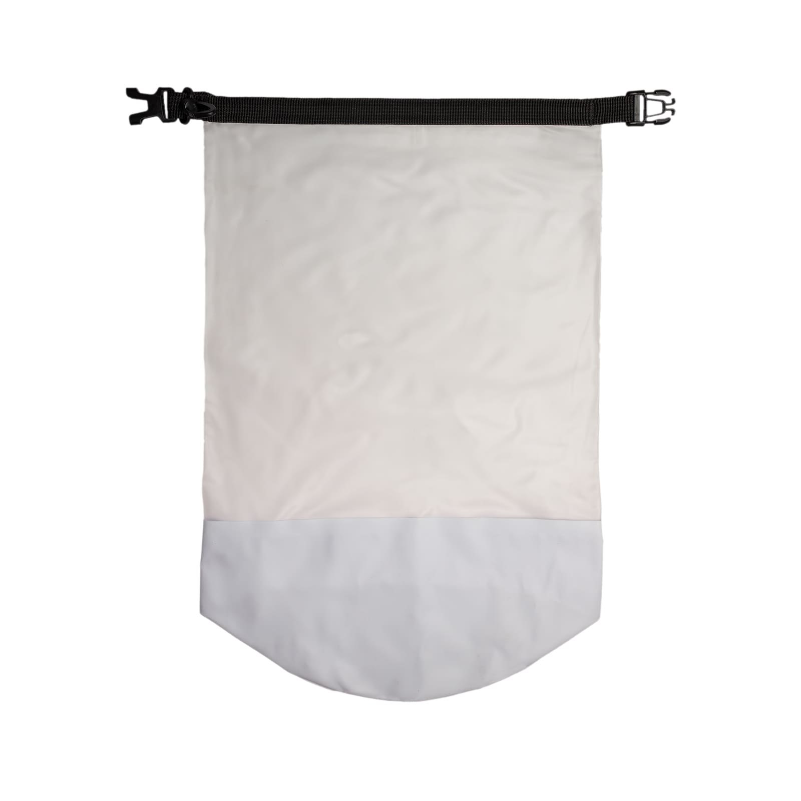A waterproof bag in white, featuring a rounded bottom and a black strap closure, with a logo on the surface.
