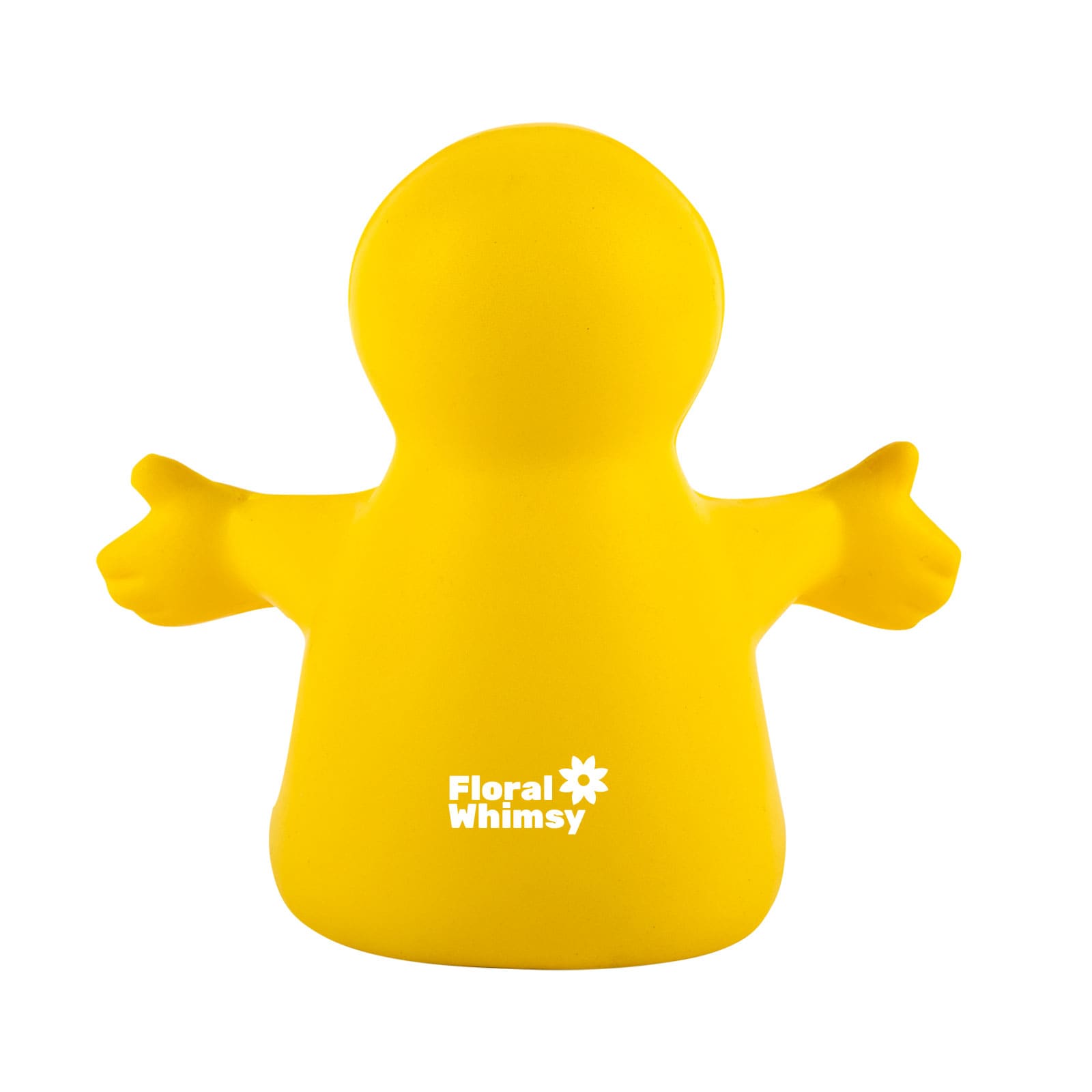 A yellow stress reliever in the shape of a smiling figure with outstretched arms, branded with the logo 