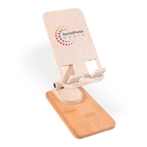 A phone stand featuring a light-colored base with a natural wood finish and an adjustable holder. It has a logo on the front.