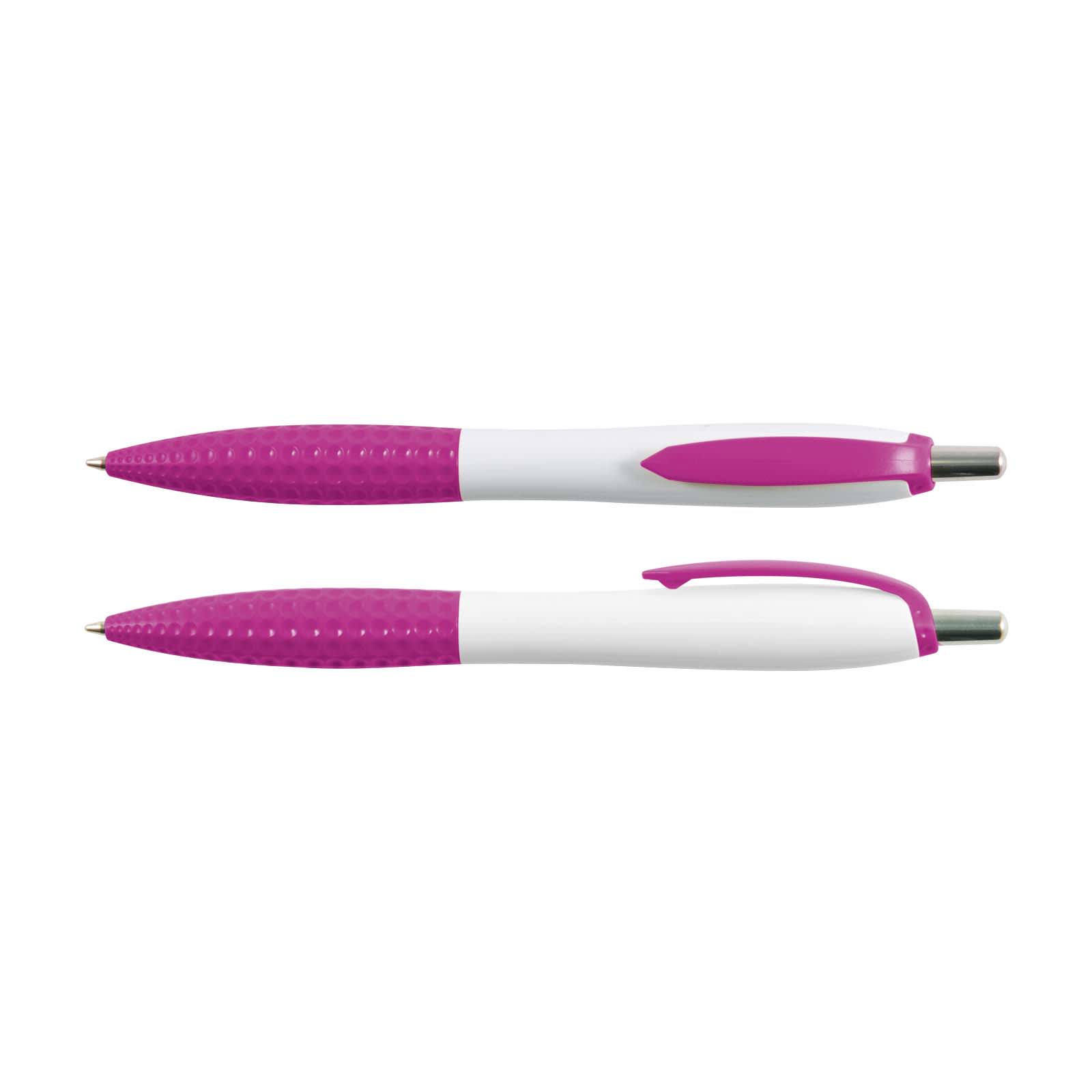 A set of plastic pens with a white and vibrant pink design, featuring a textured grip and a clip for convenience.